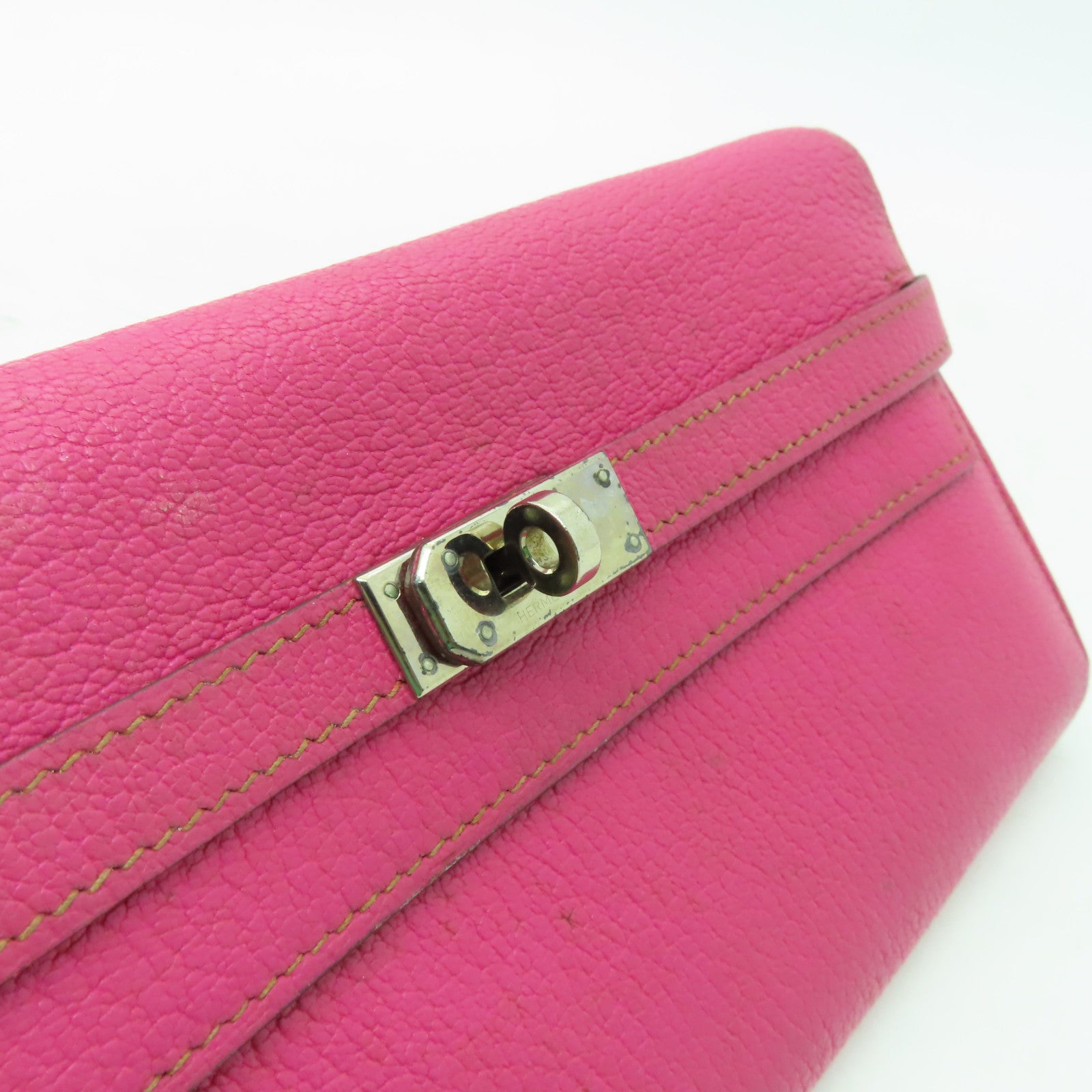 HERMES Chevre皮革Kelly Classic銀扣長錢包Fuschia Pink粉紅色