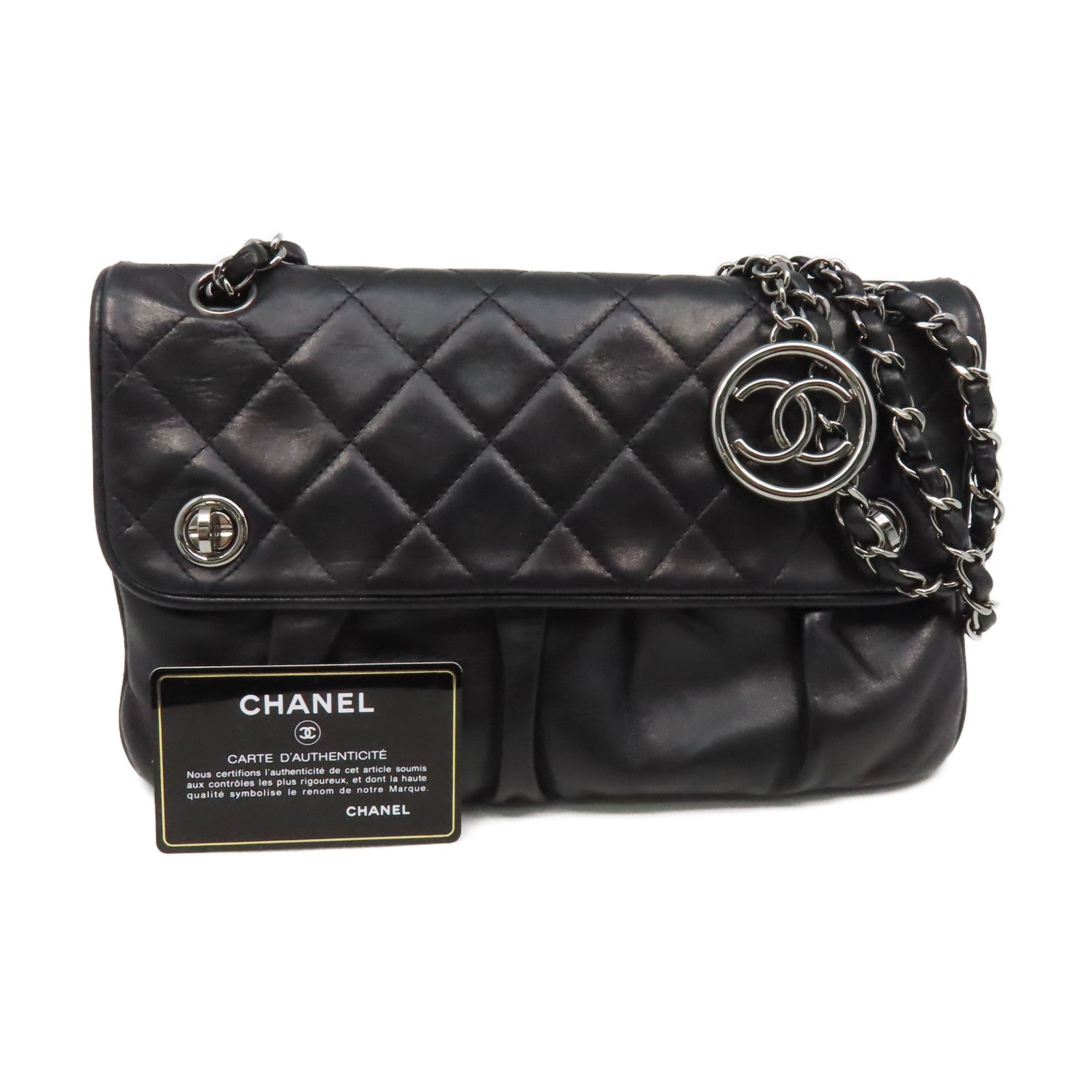 CHANEL 菱格羊皮皮革Chain Shoulder Bag銀扣鏈帶肩背袋黑色