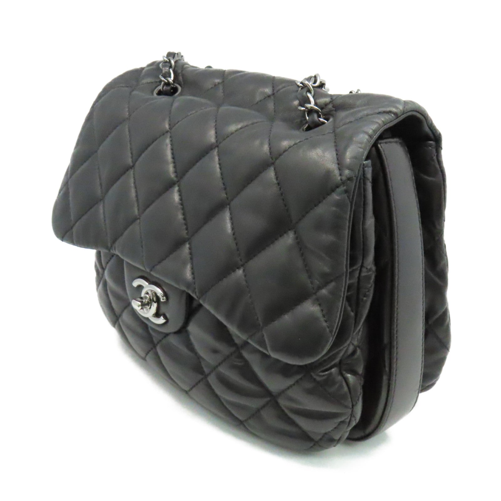 CHANEL 菱格羊皮皮革Chain Shoulder Bag銀扣鏈帶肩背袋黑色
