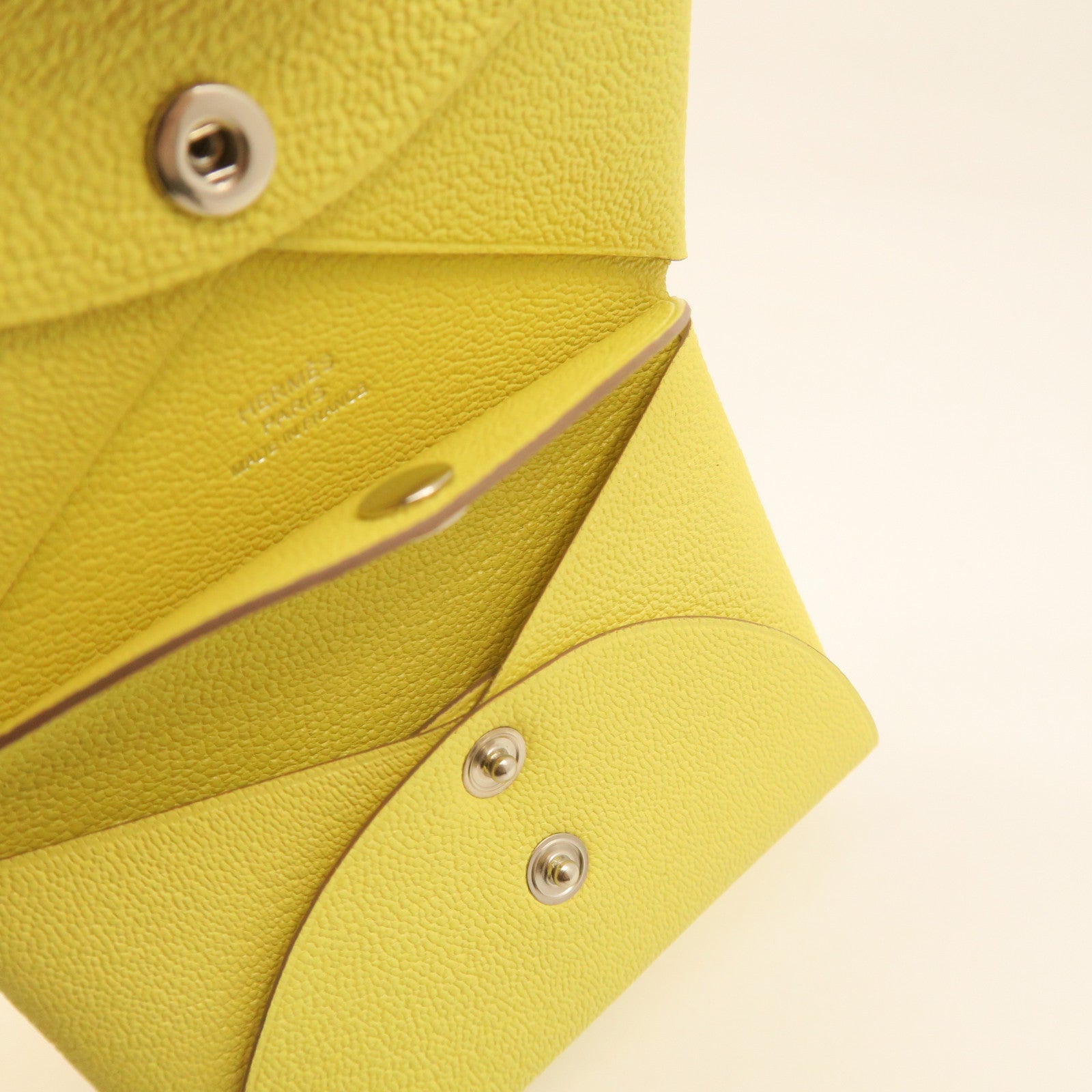 HERMES Chevre Leather Portefeuille Calvi Silver Buckle Card Holder Yellow