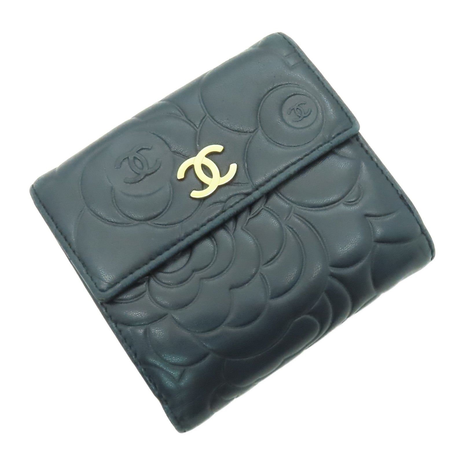 CHANEL 羊皮皮革Wallet金扣錢包深藍色
