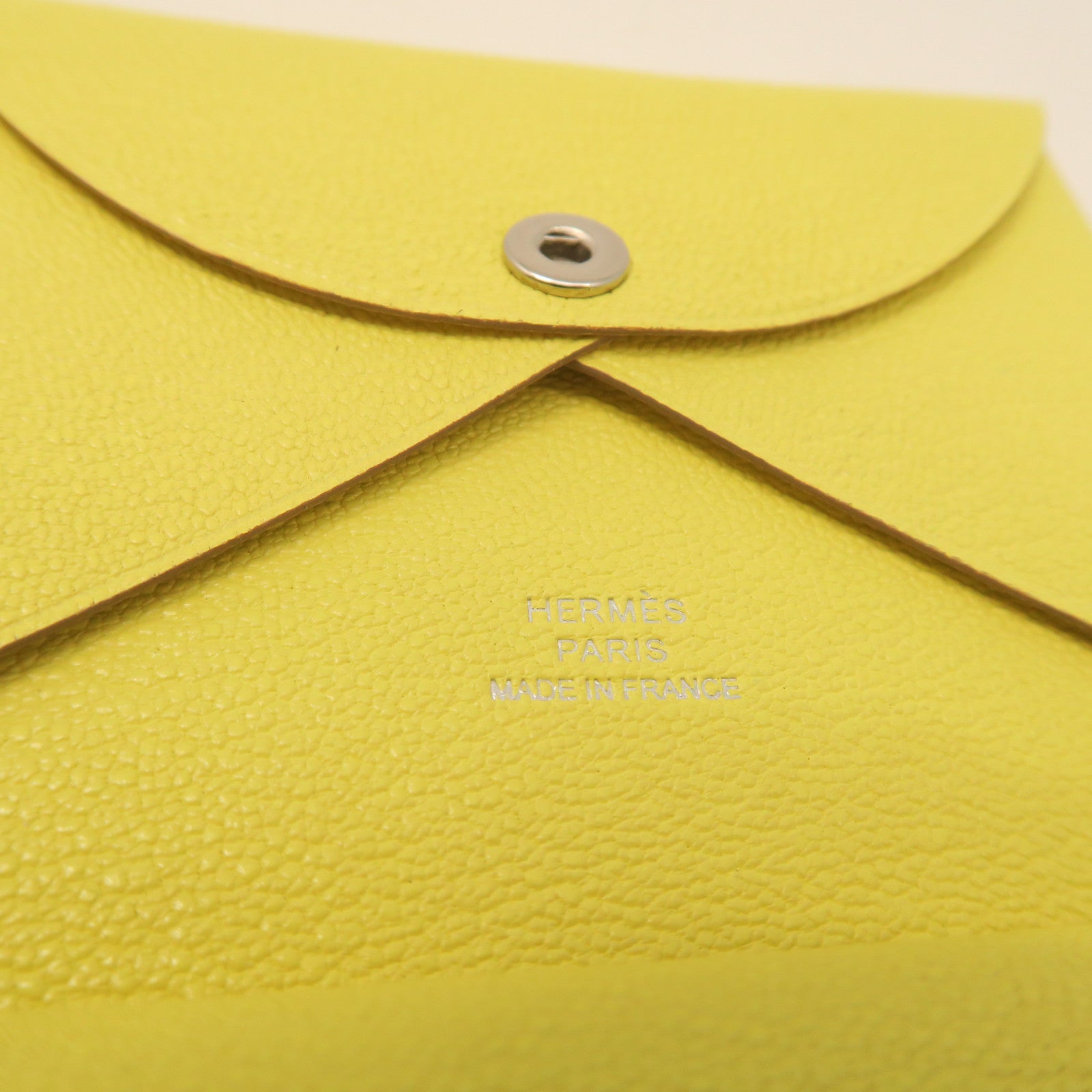 HERMES Chevre Leather Portefeuille Calvi Silver Buckle Card Holder Yellow