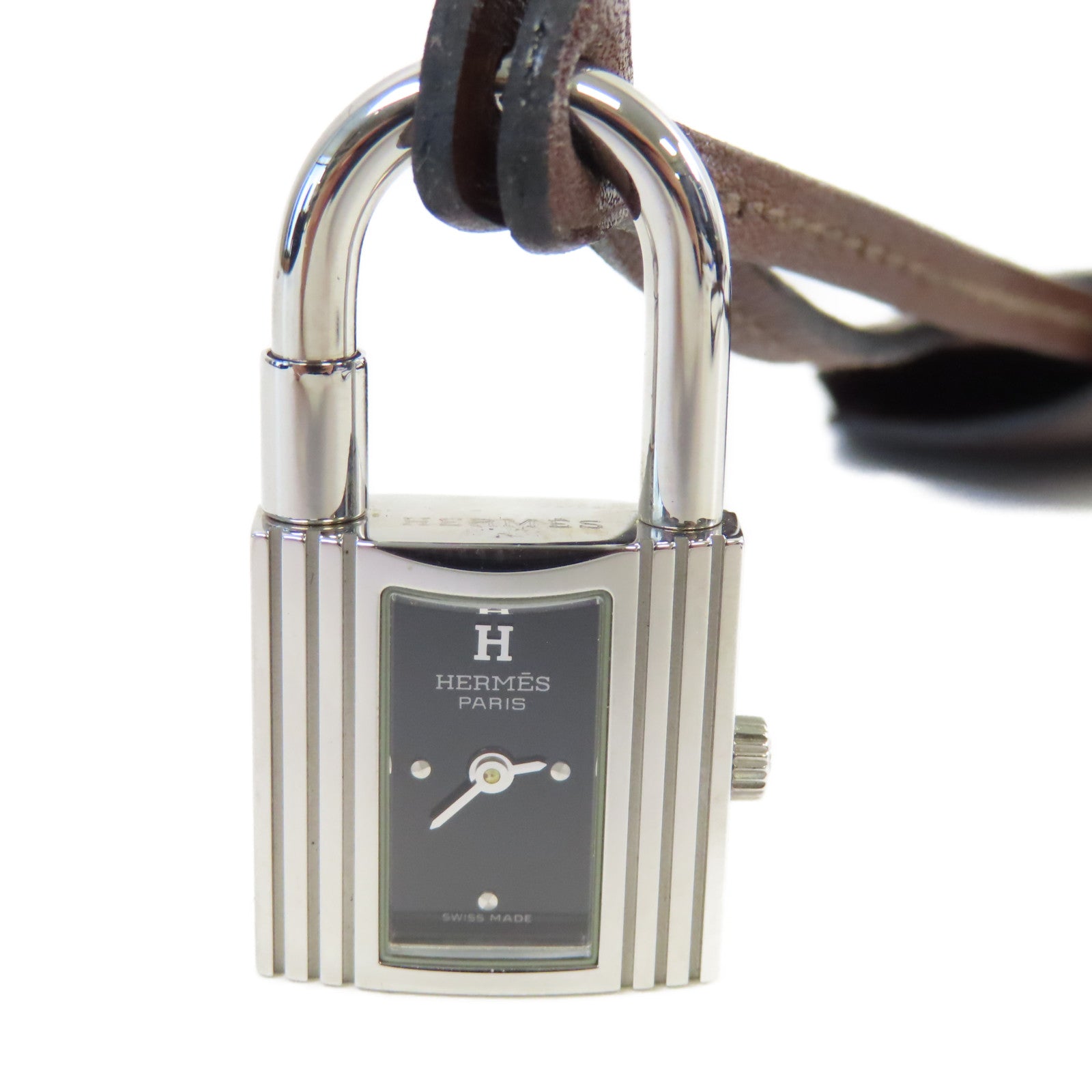 HERMES KE1.210 Kelly Clochette Watch鱷魚皮革/不鏽鋼石英機芯手錶黑色/銀色