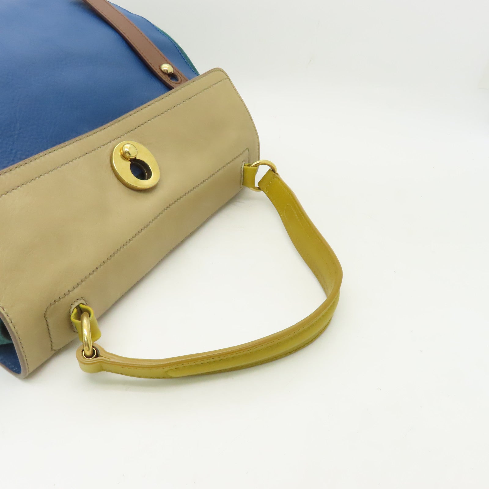 YVES SAINT LAURENT 牛皮皮革Shoulder Bag金扣手挽袋藍色/綠色/棕色