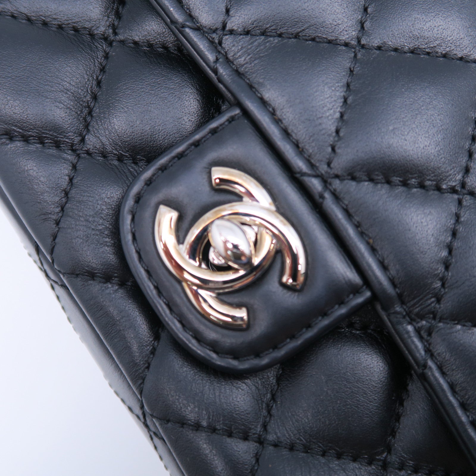 CHANEL 斜紋/菱格牛皮皮革Chain Shoulder Bag銀扣鏈帶肩背袋深藍色/黑色