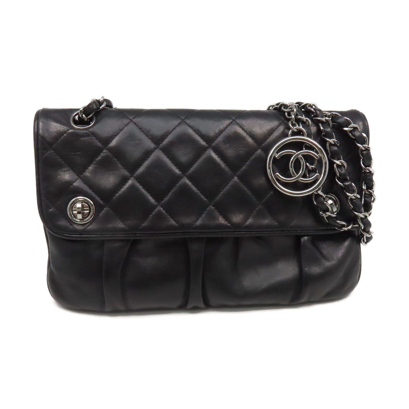 CHANEL 菱格羊皮皮革Chain Shoulder Bag銀扣鏈帶肩背袋黑色