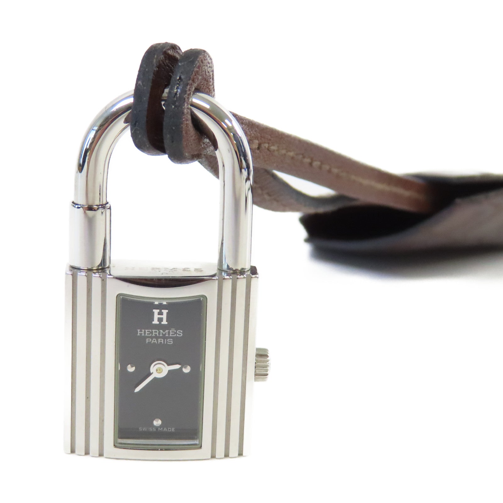 HERMES KE1.210 Kelly Clochette Watch鱷魚皮革/不鏽鋼石英機芯手錶黑色/銀色