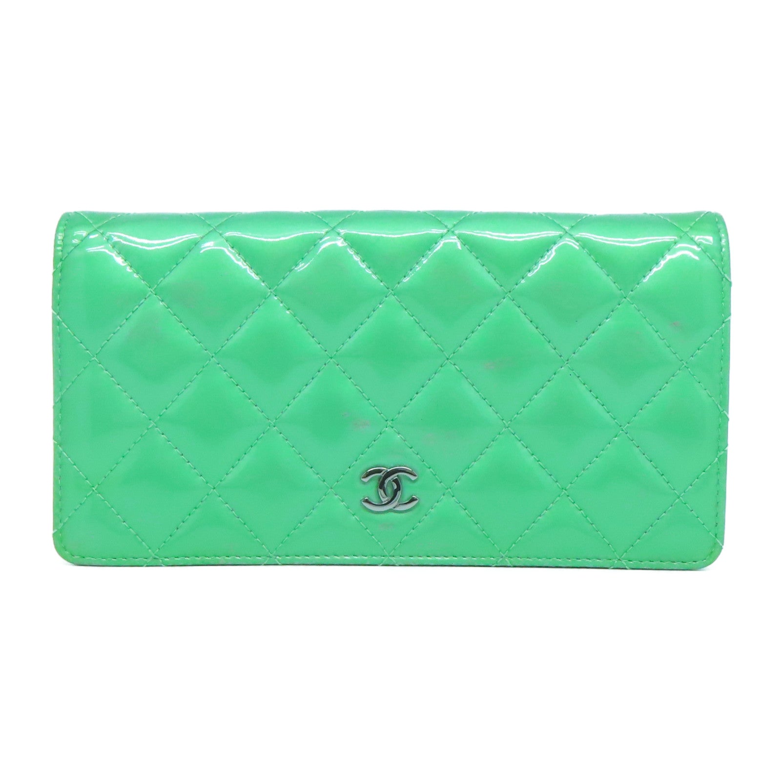 CHANEL 菱格漆皮皮革Long Wallet銀扣長錢包綠色