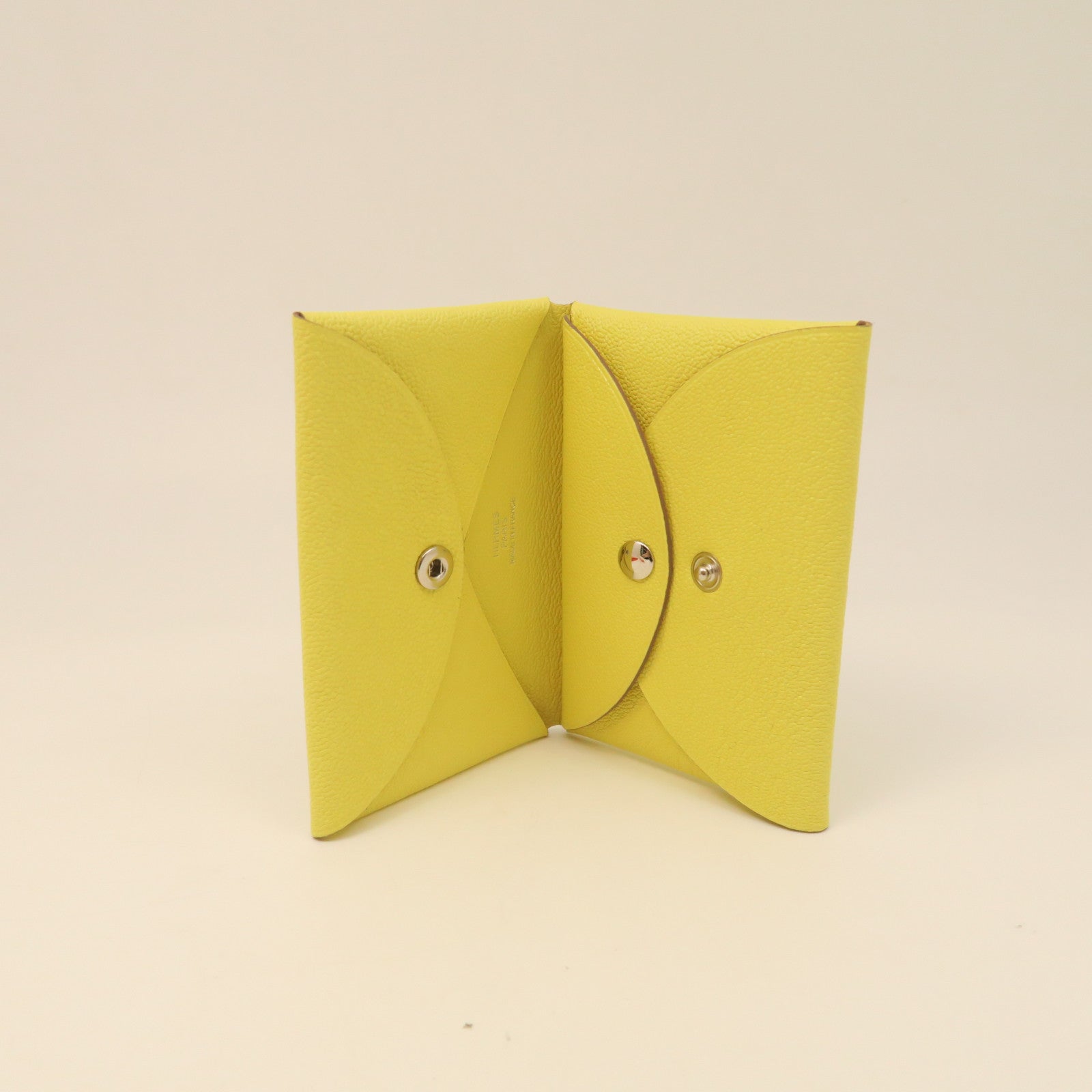 HERMES Chevre Leather Portefeuille Calvi Silver Buckle Card Holder Yellow