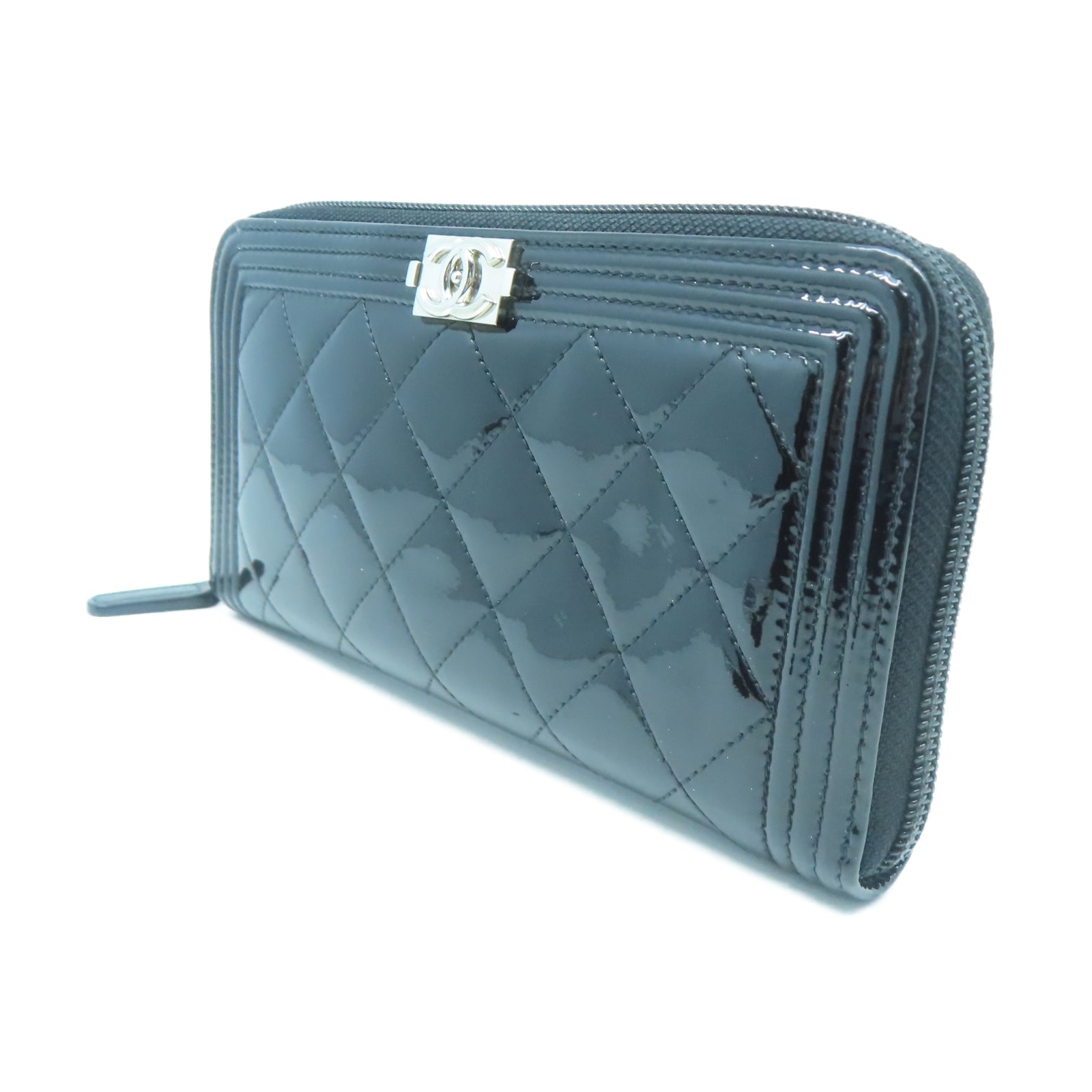 CHANEL 菱格漆皮皮革Boy Zipper Wallet銀扣長錢包黑色