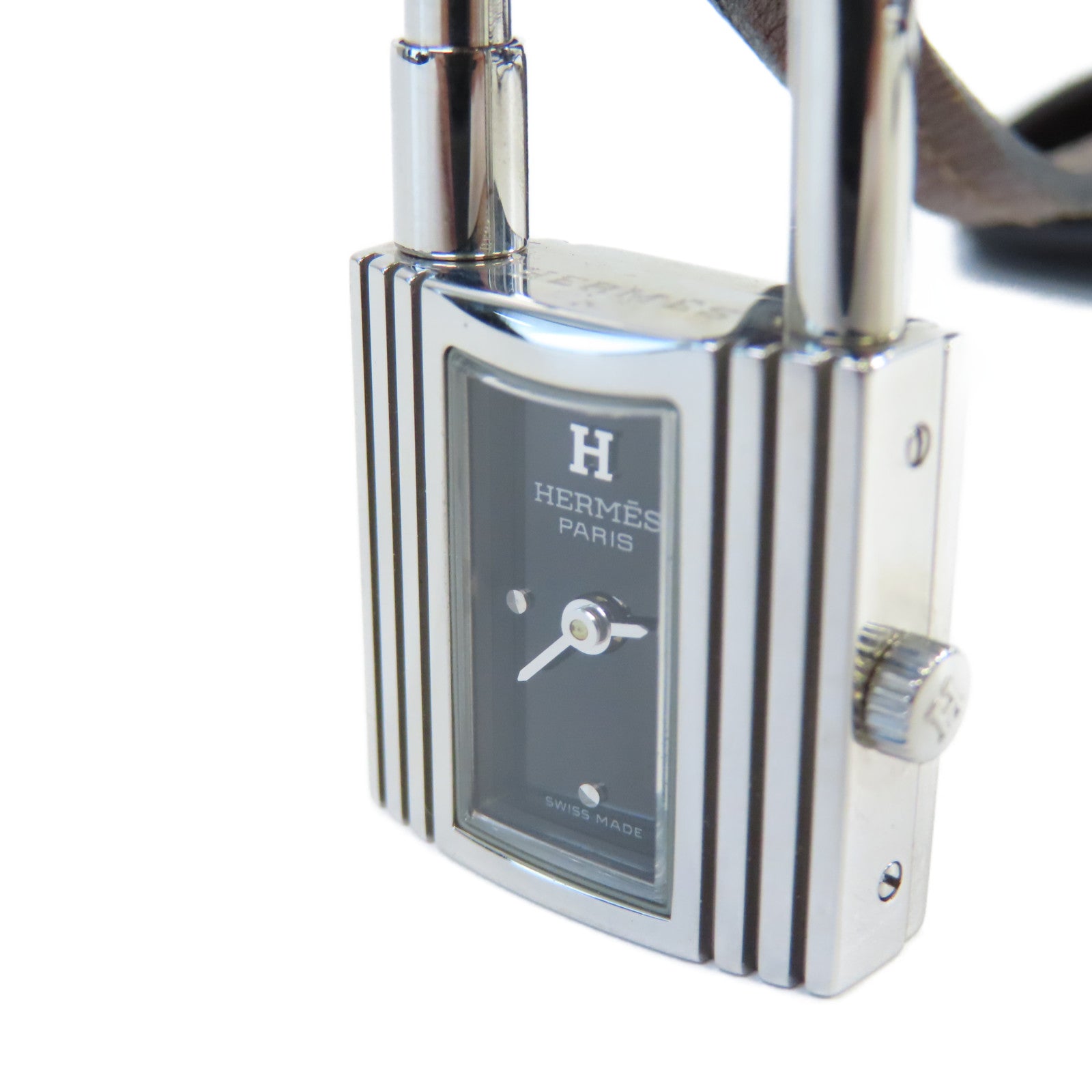 HERMES KE1.210 Kelly Clochette Watch鱷魚皮革/不鏽鋼石英機芯手錶黑色/銀色