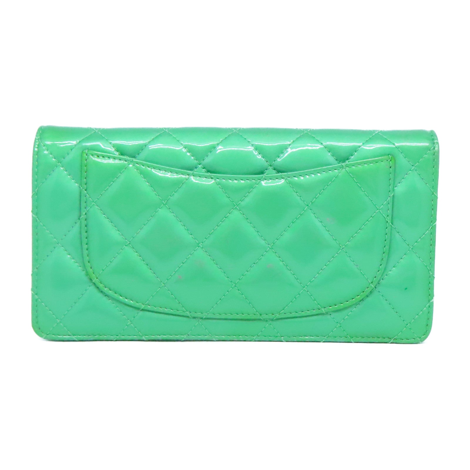 CHANEL 菱格漆皮皮革Long Wallet銀扣長錢包綠色