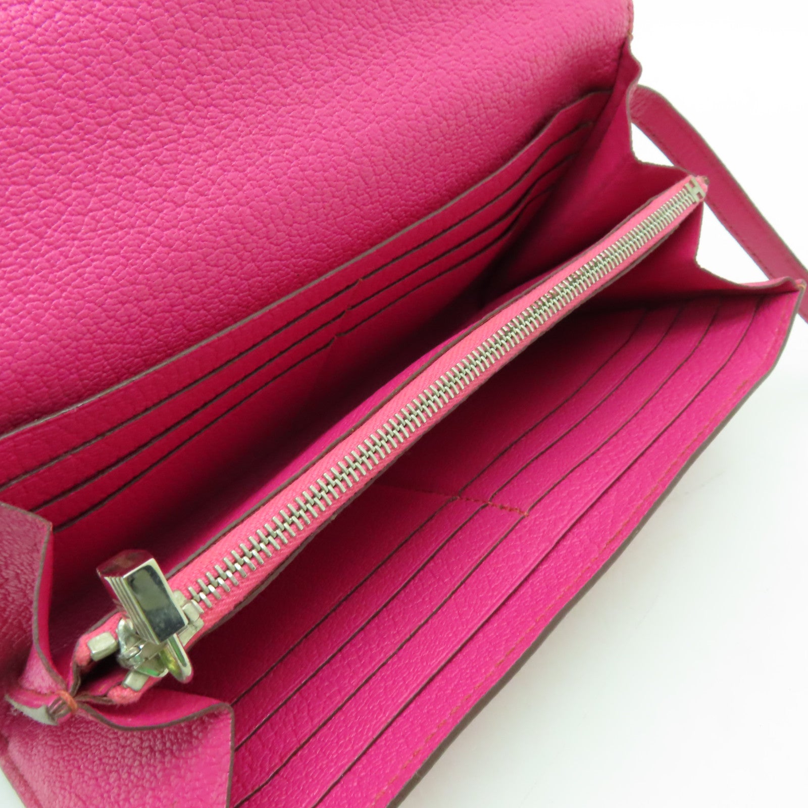 HERMES Chevre皮革Kelly Classic銀扣長錢包Fuschia Pink粉紅色