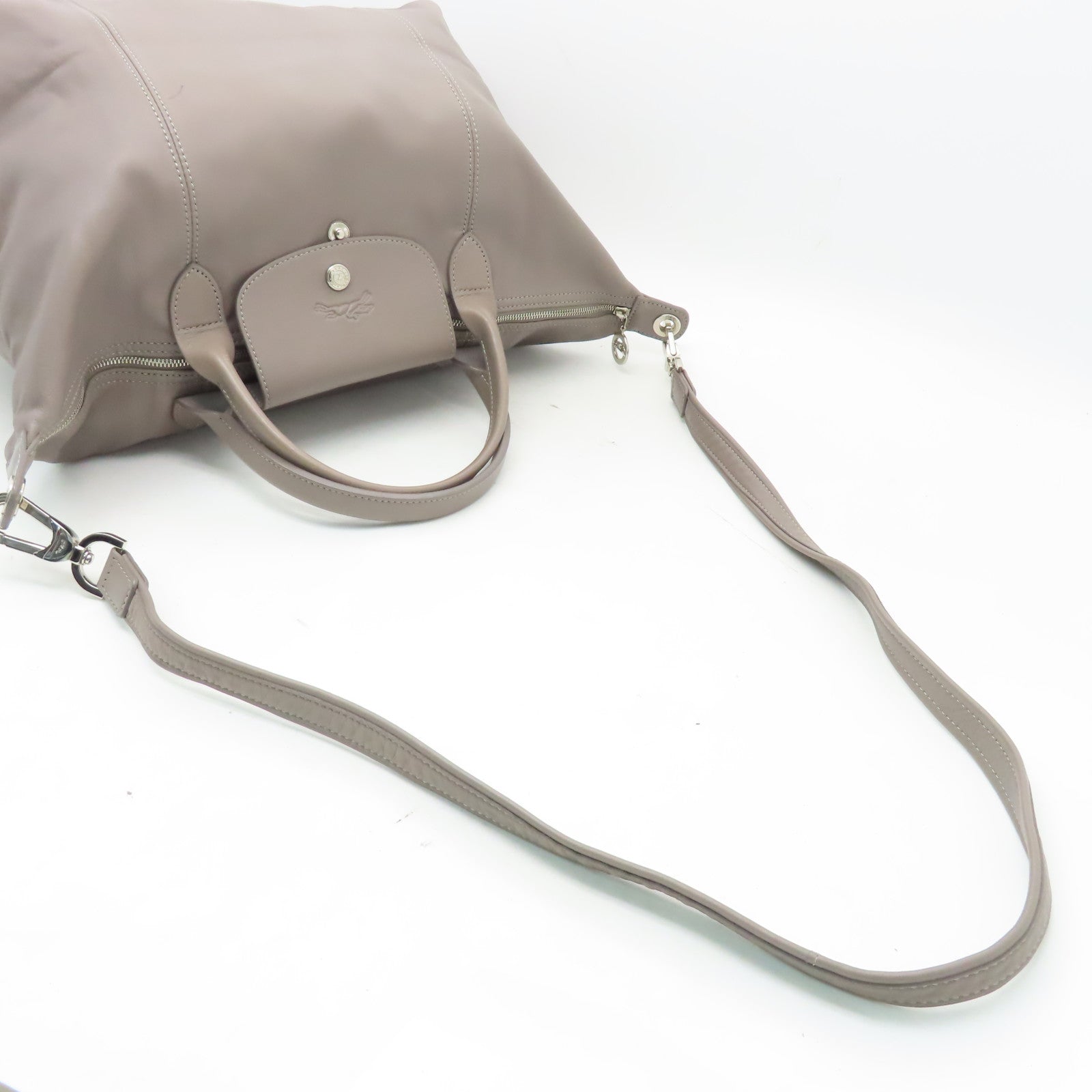 Longchamp 【激減優惠】牛皮皮革2Way Bag銀扣手挽肩背兩用袋卡其色