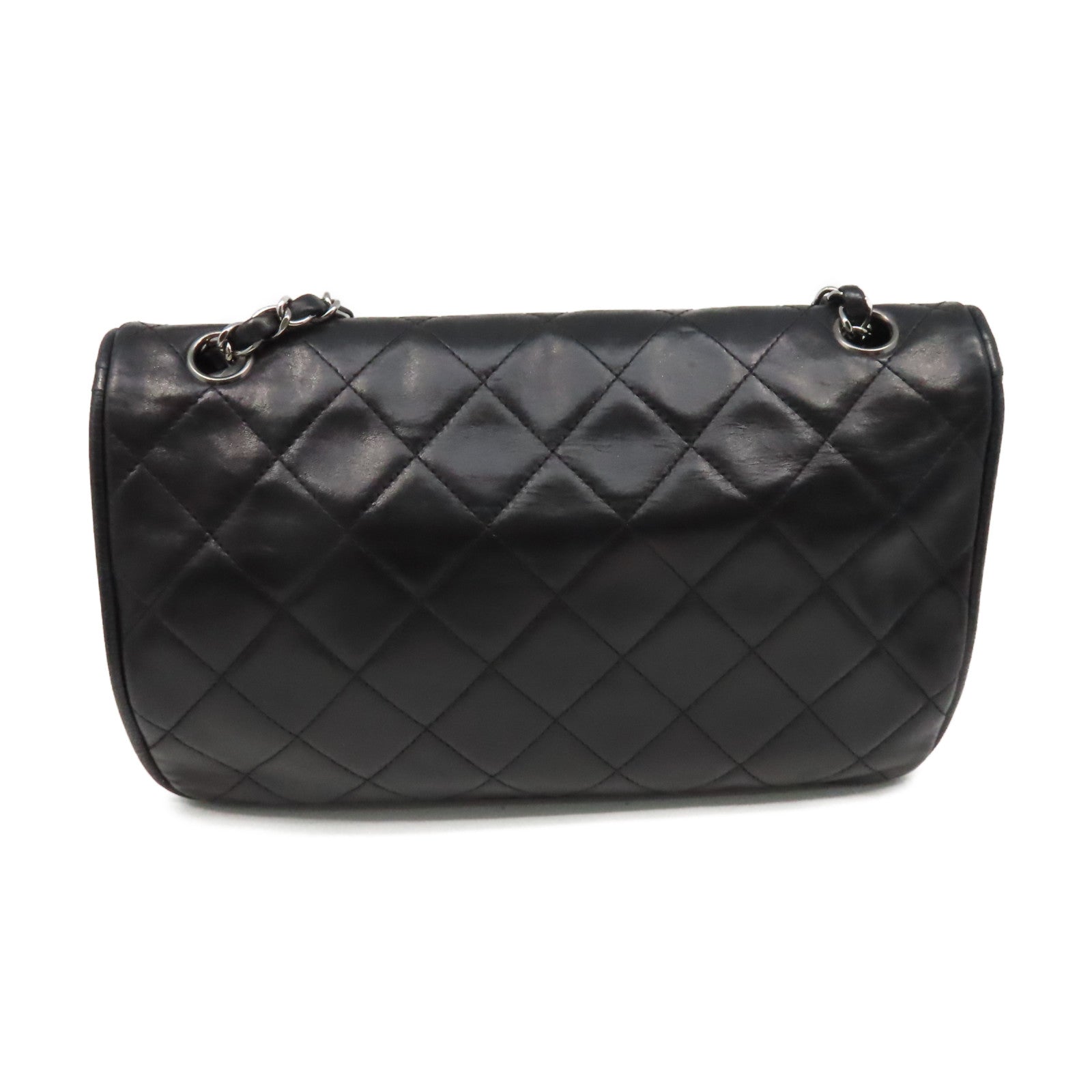 CHANEL 菱格羊皮皮革Chain Shoulder Bag銀扣鏈帶肩背袋黑色