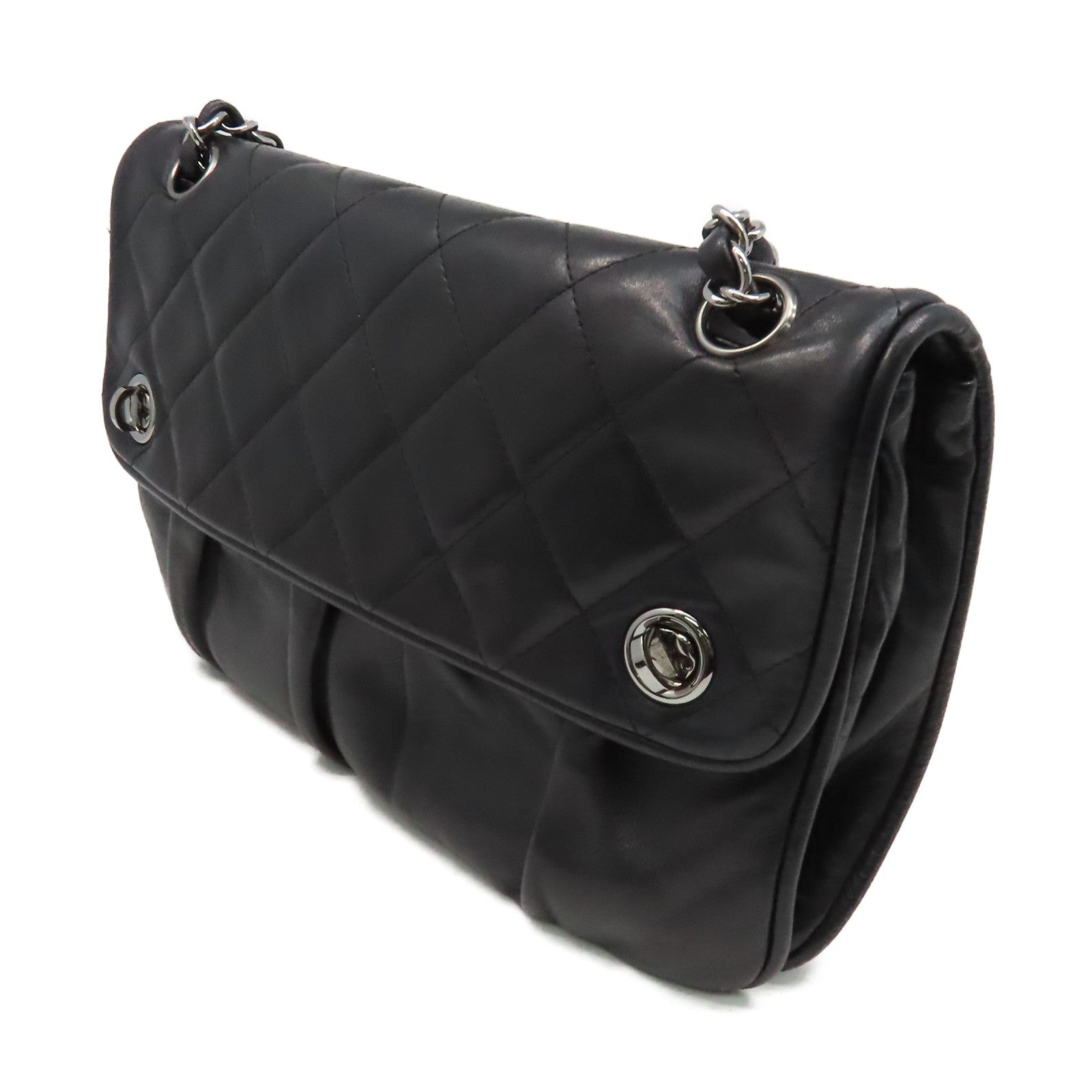 CHANEL 菱格羊皮皮革Chain Shoulder Bag銀扣鏈帶肩背袋黑色