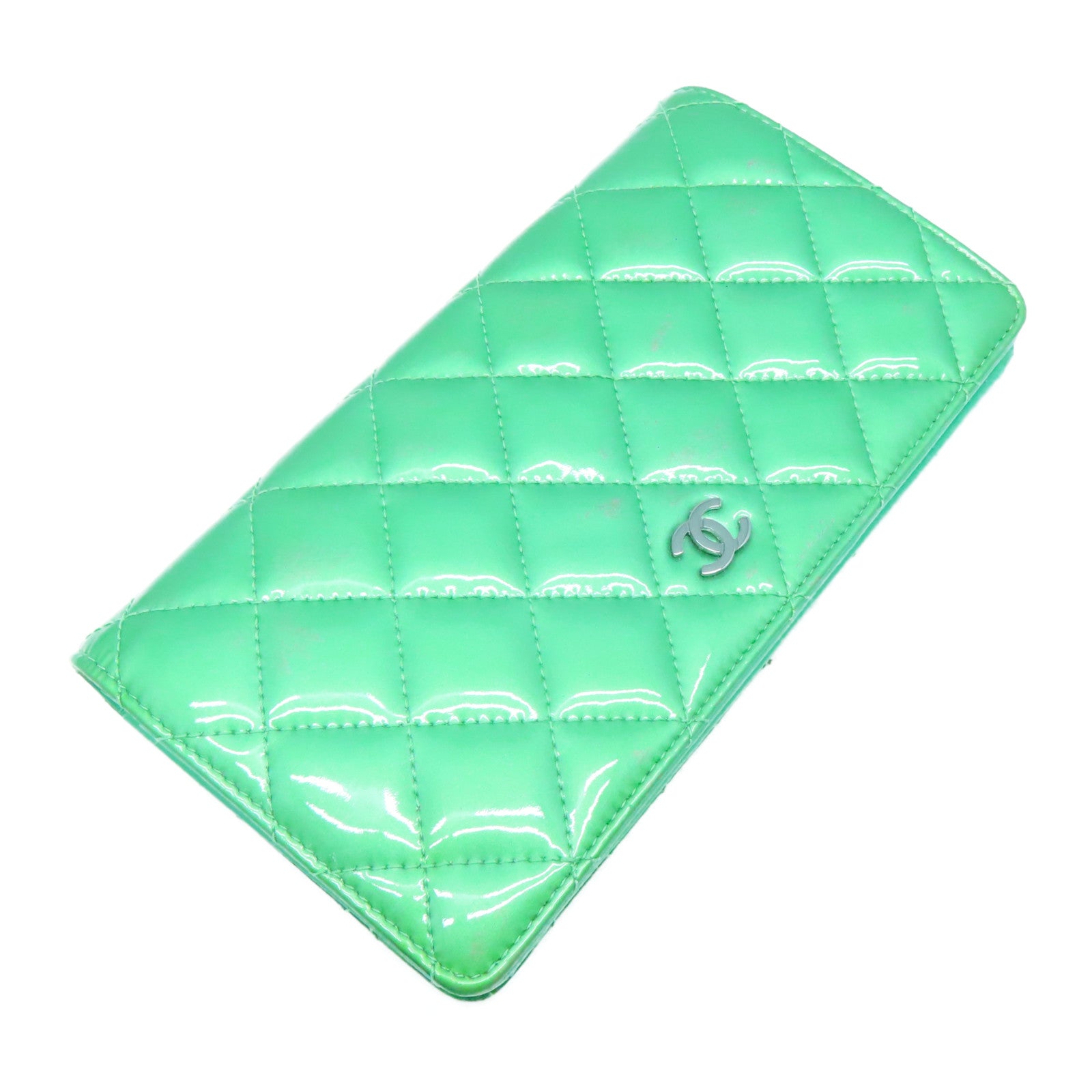 CHANEL 菱格漆皮皮革Long Wallet銀扣長錢包綠色