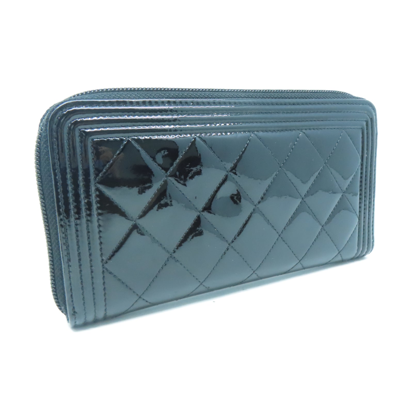 CHANEL 菱格漆皮皮革Boy Zipper Wallet銀扣長錢包黑色