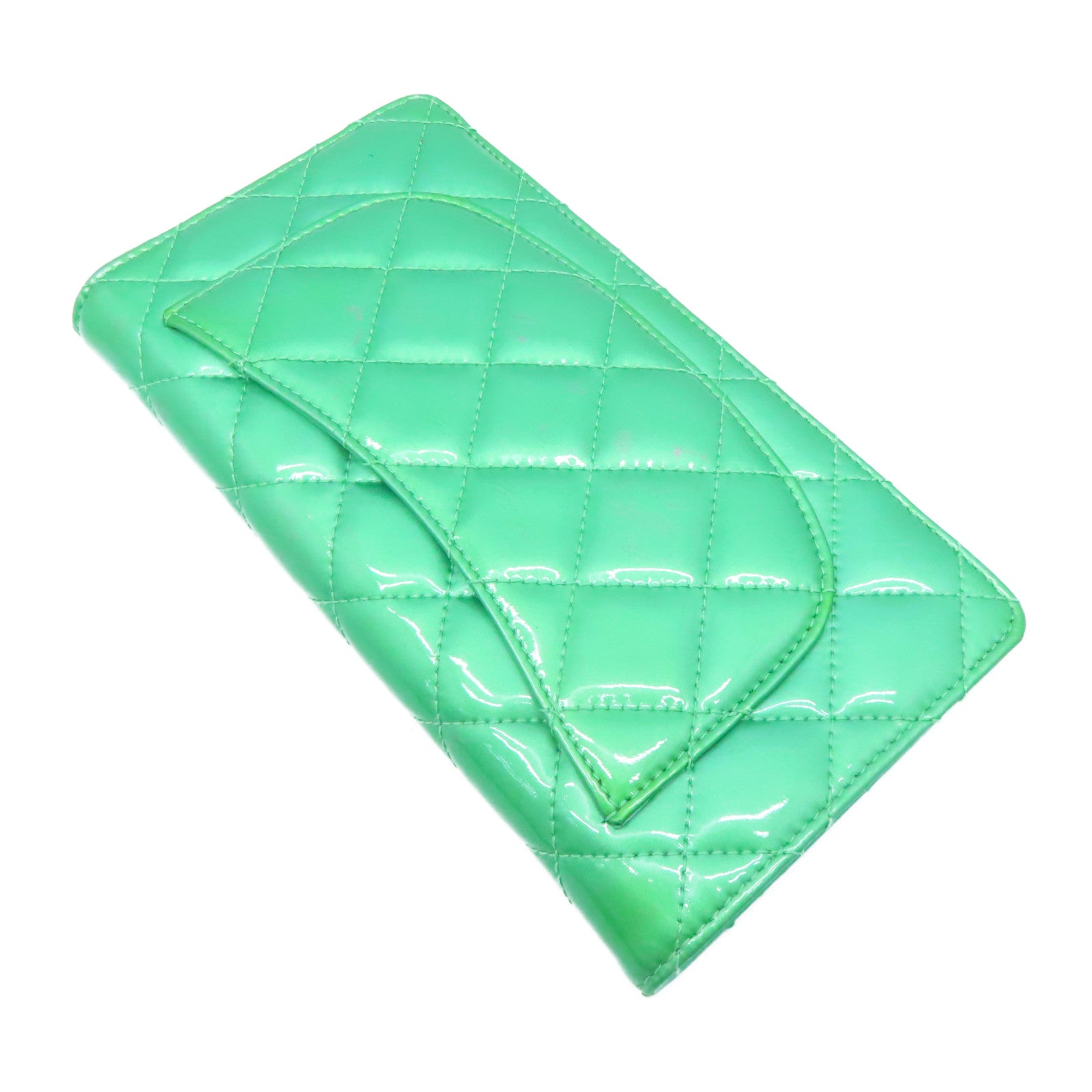 CHANEL 菱格漆皮皮革Long Wallet銀扣長錢包綠色
