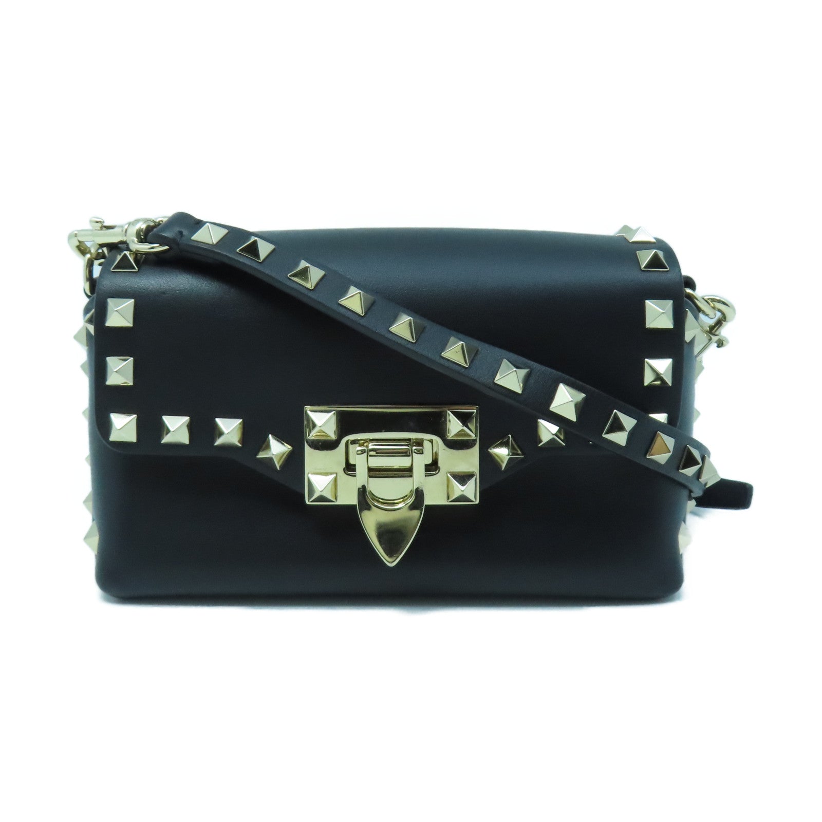 Valentino Leather Shoulder Bag Gold Buckle Chain Shoulder Bag Black