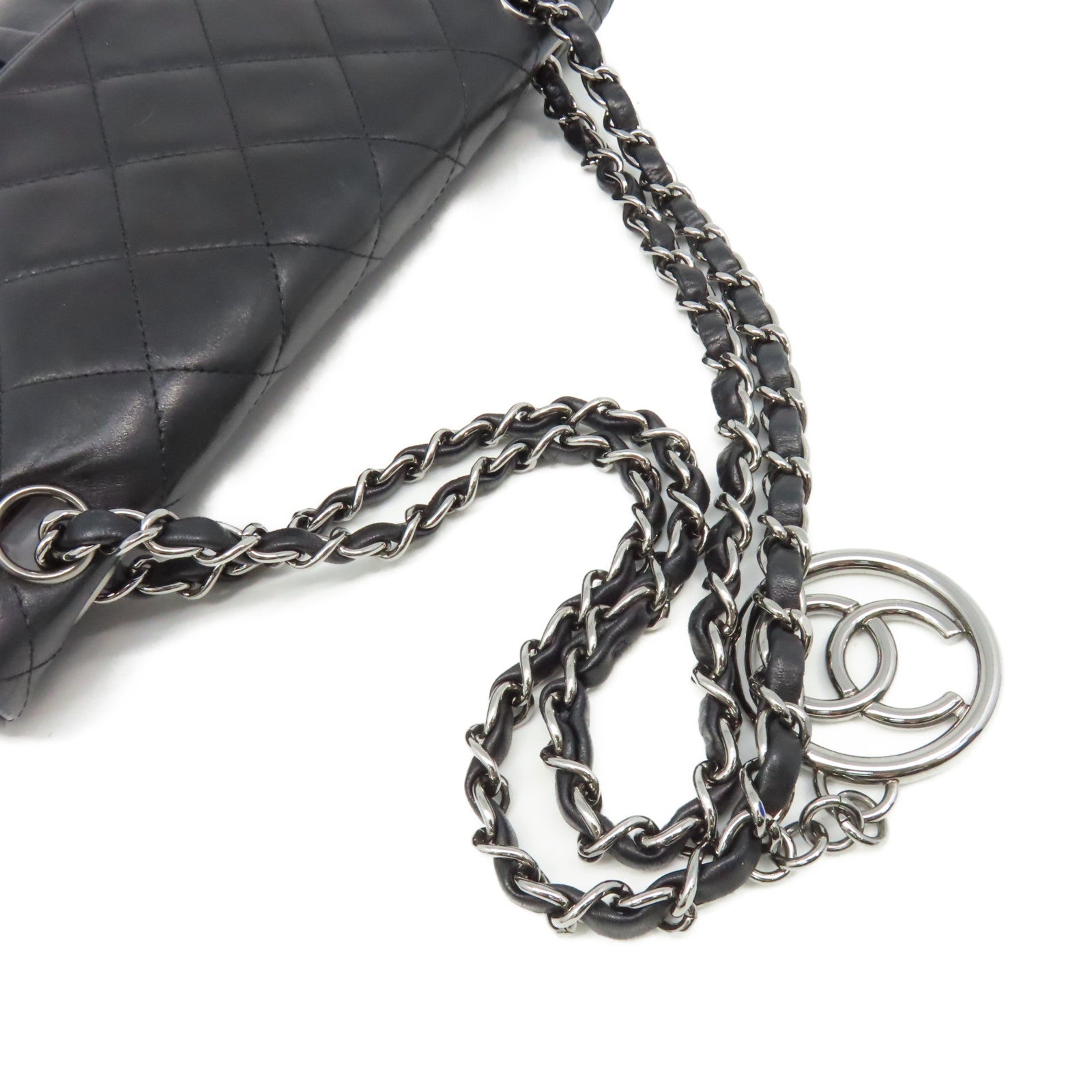 CHANEL 菱格羊皮皮革Chain Shoulder Bag銀扣鏈帶肩背袋黑色