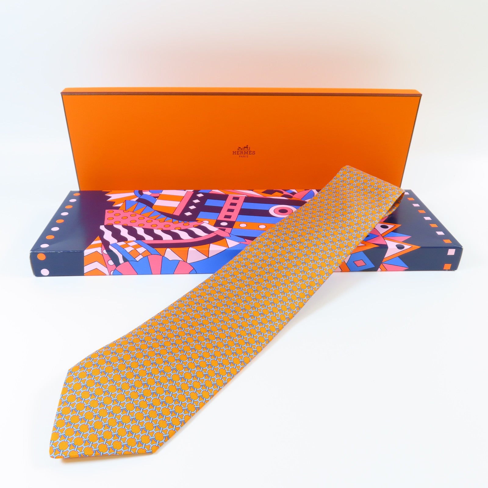 HERMES 絲質Necktie領帶橙色/淺藍色