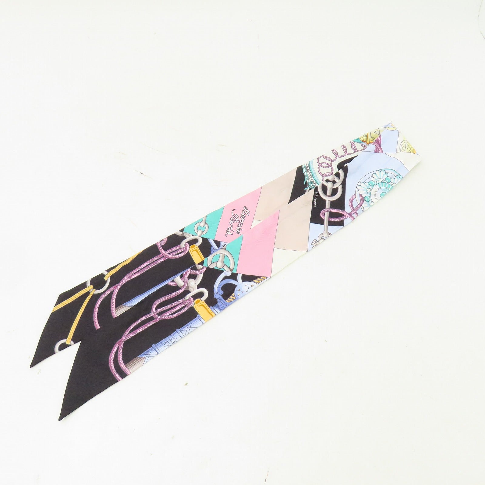 HERMES 絲質Twilly絲巾黑色/淺藍色/白色