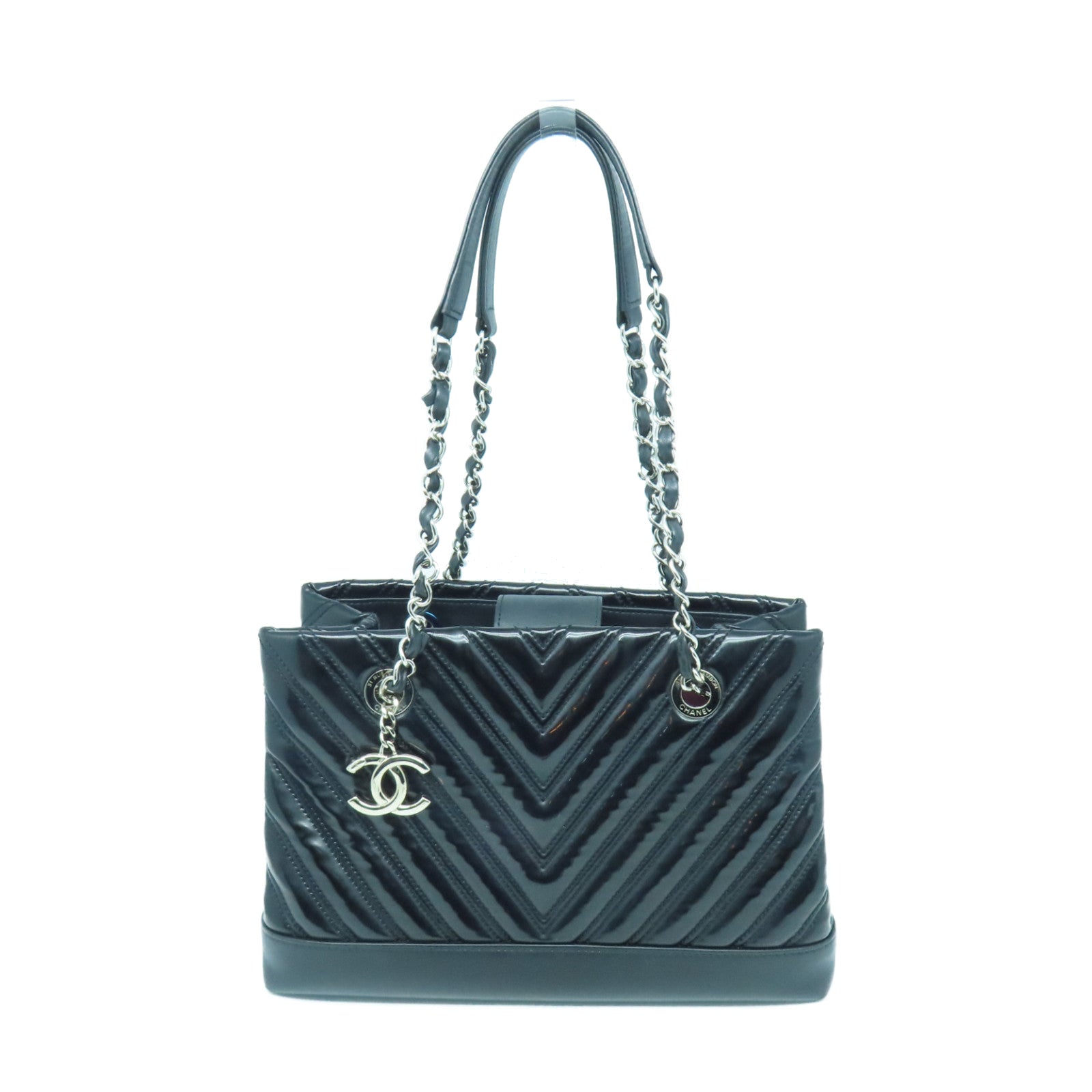 CHANEL twill patent leather Chain Shoulder Bag silver buckle chain shoulder bag black