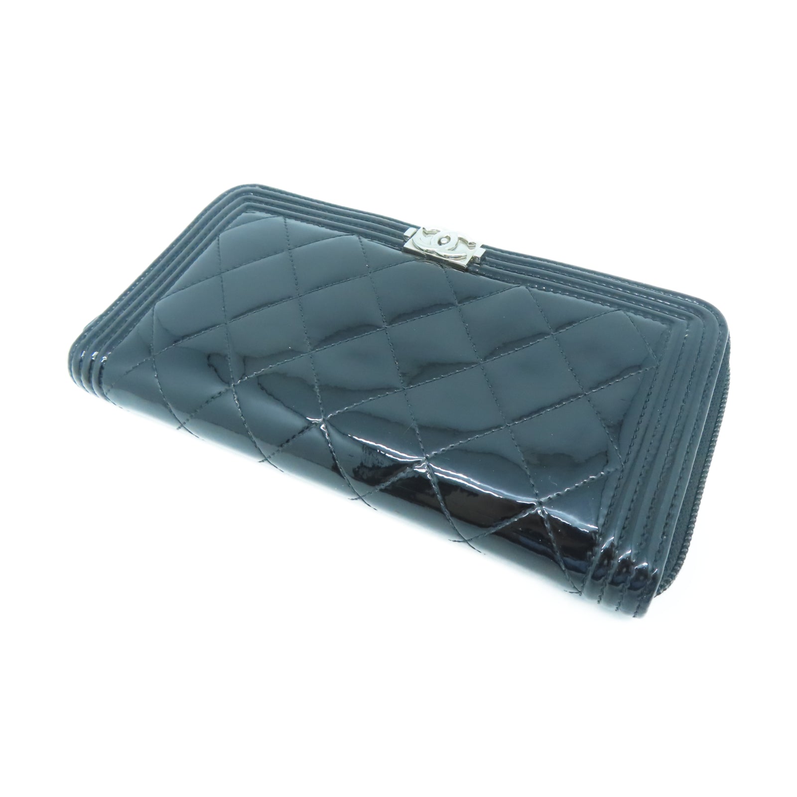 CHANEL 菱格漆皮皮革Boy Zipper Wallet銀扣長錢包黑色