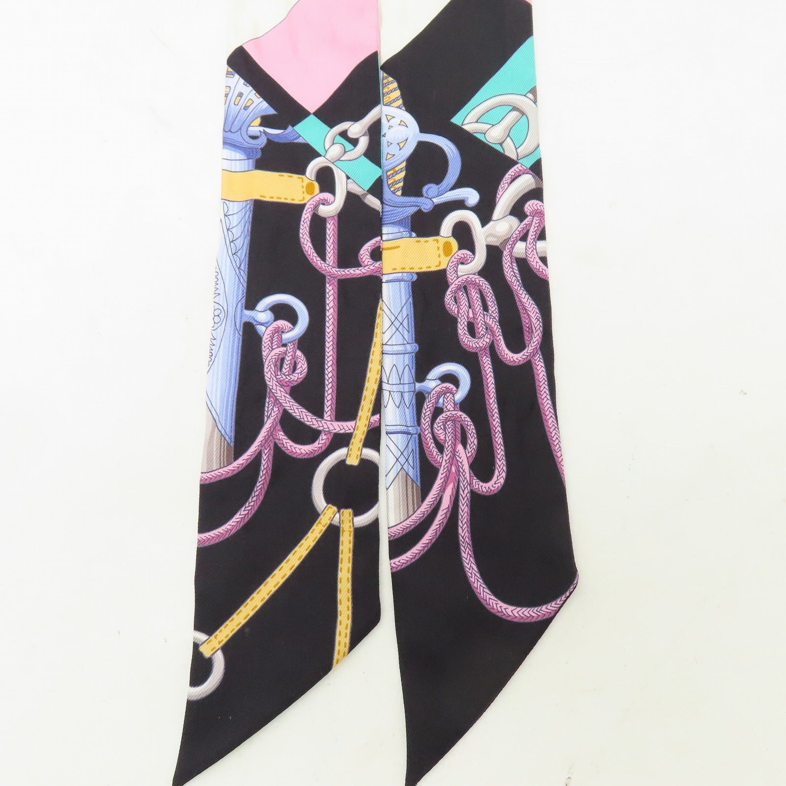 HERMES 絲質Twilly絲巾黑色/淺藍色/白色