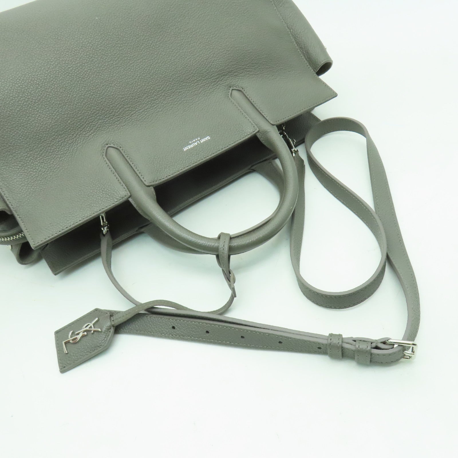 SAINT LAURENT 牛皮皮革2 Way Shoulder銀扣手挽肩背兩用袋灰色