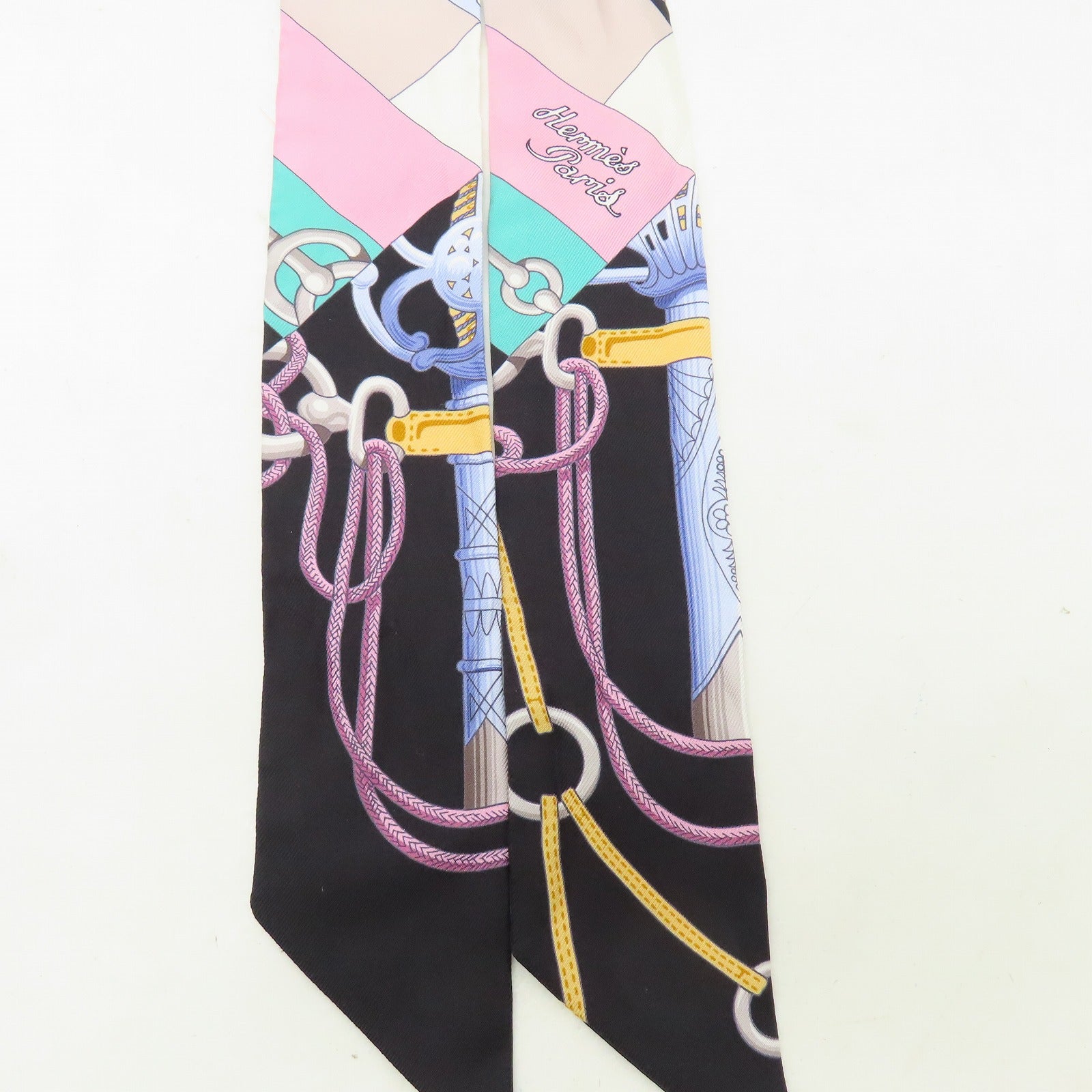 HERMES 絲質Twilly絲巾黑色/淺藍色/白色