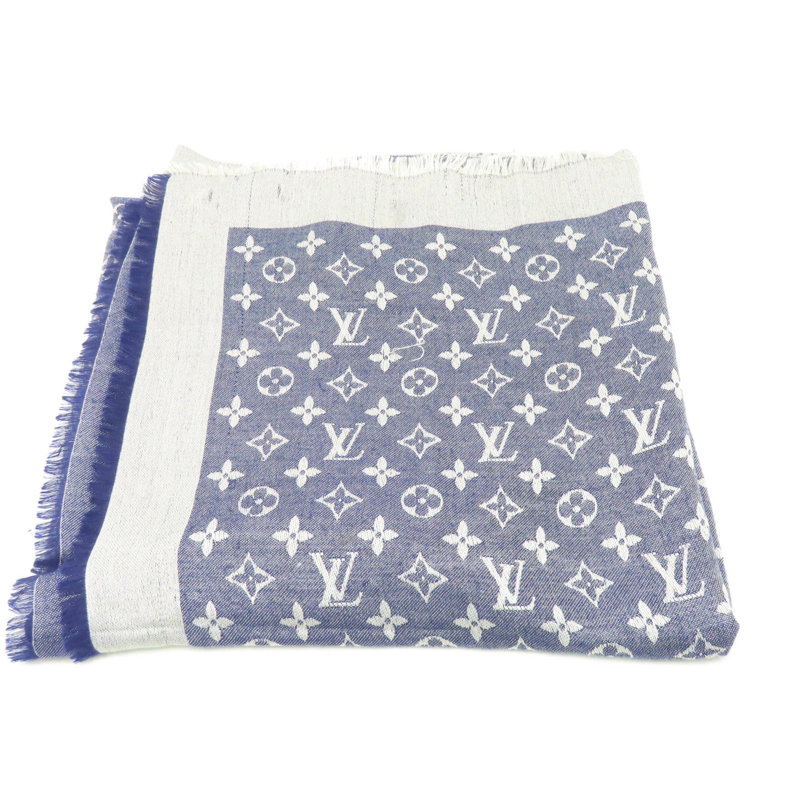 LOUIS VUITTON 【激減優惠】絲質/羊毛Monogram Scarf圍巾藍色/白色