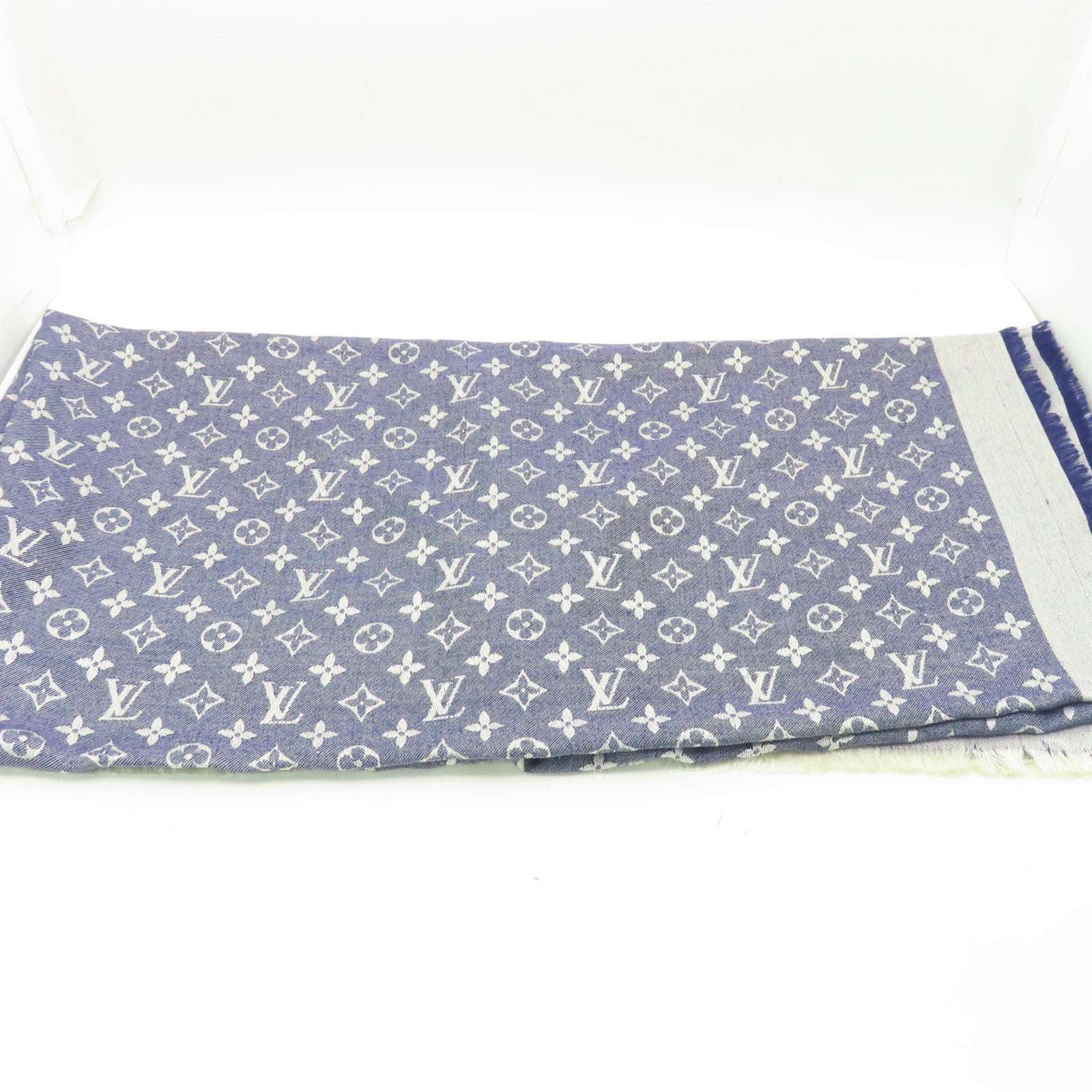 LOUIS VUITTON 【激減優惠】絲質/羊毛Monogram Scarf圍巾藍色/白色