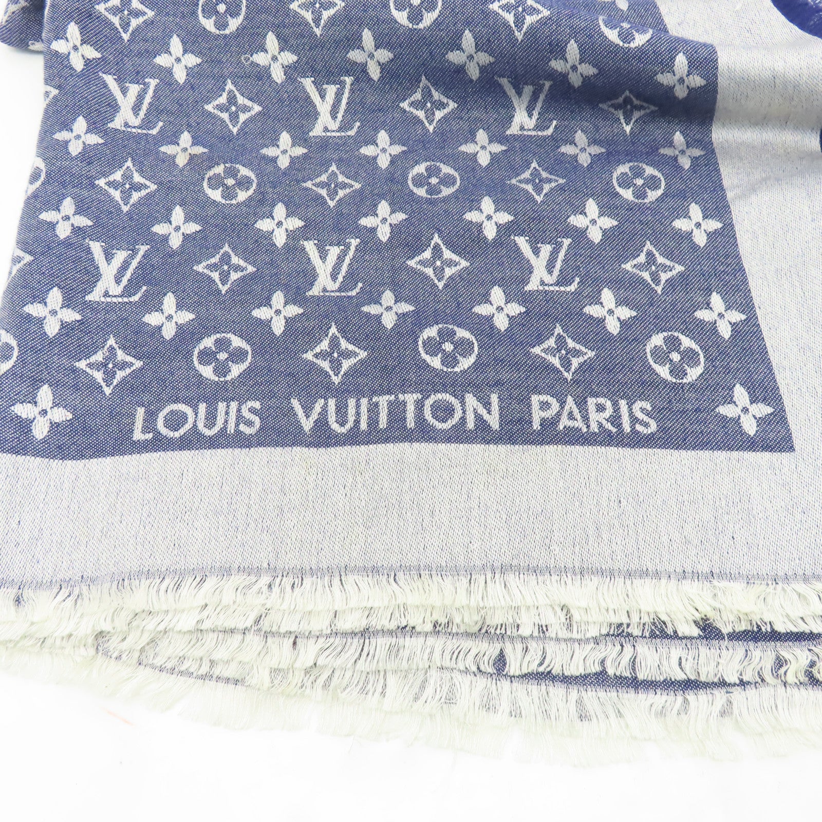 LOUIS VUITTON 【激減優惠】絲質/羊毛Monogram Scarf圍巾藍色/白色