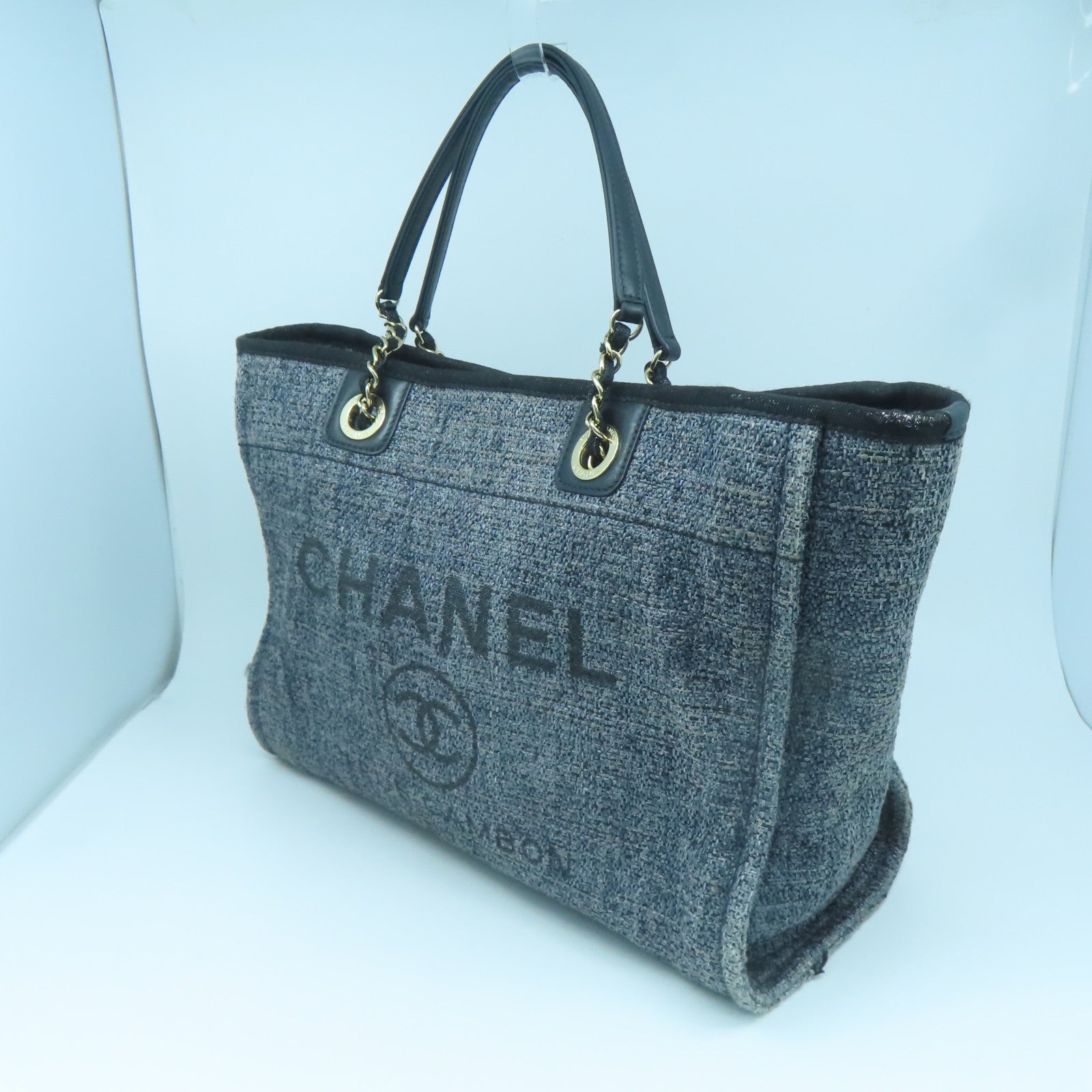 CHANEL canvas Tote Bag gold buckle handle bag blue