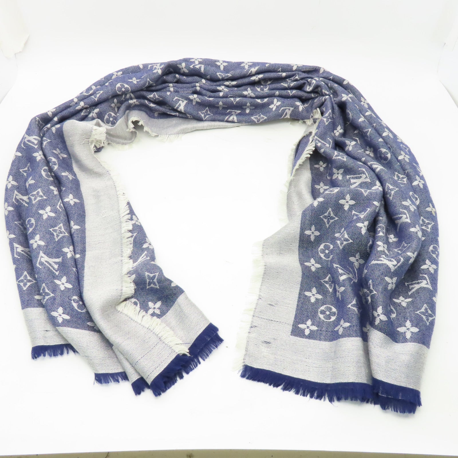 LOUIS VUITTON 【激減優惠】絲質/羊毛Monogram Scarf圍巾藍色/白色