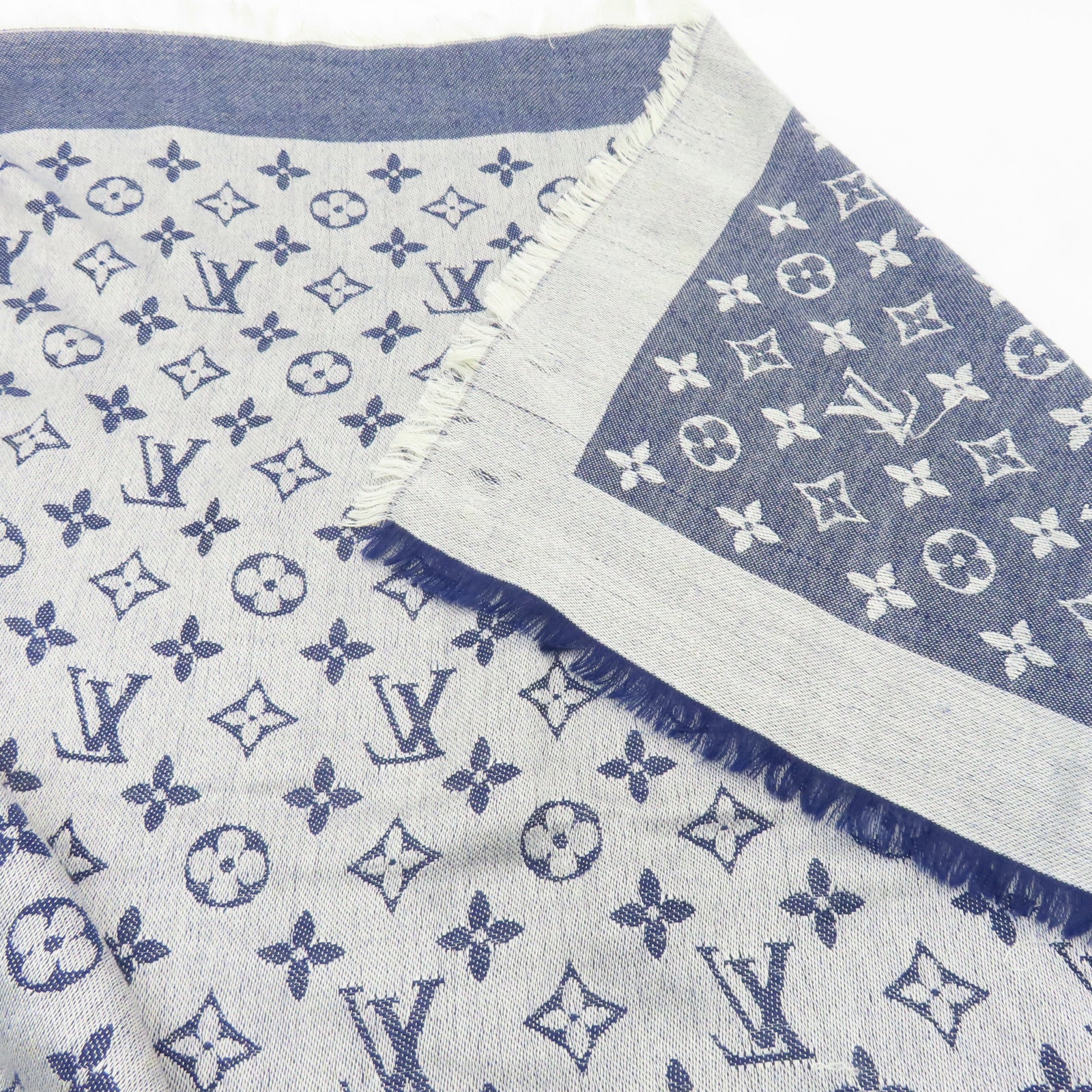 LOUIS VUITTON 【激減優惠】絲質/羊毛Monogram Scarf圍巾藍色/白色