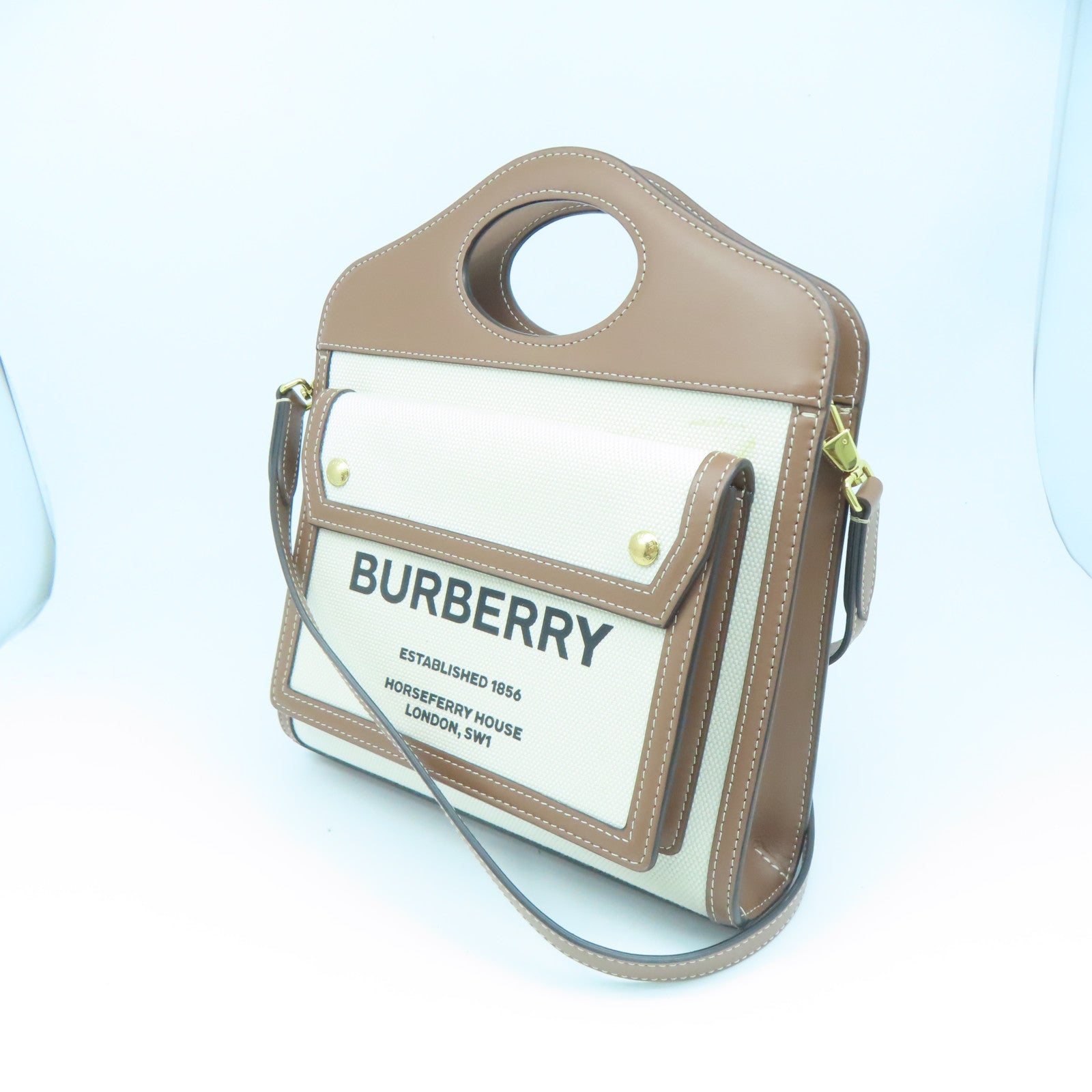 BURBERRY 帆布/皮革Mini Tri-Tone Pocket Bag金扣手挽肩背两用袋白色/啡色