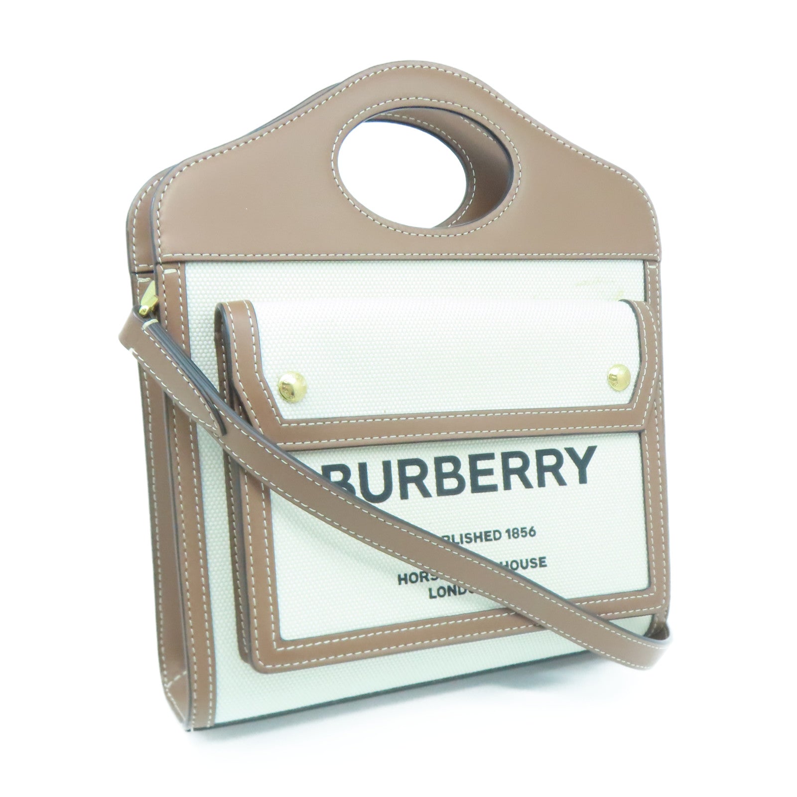 BURBERRY 帆布/皮革Mini Tri-Tone Pocket Bag金扣手挽肩背两用袋白色/啡色
