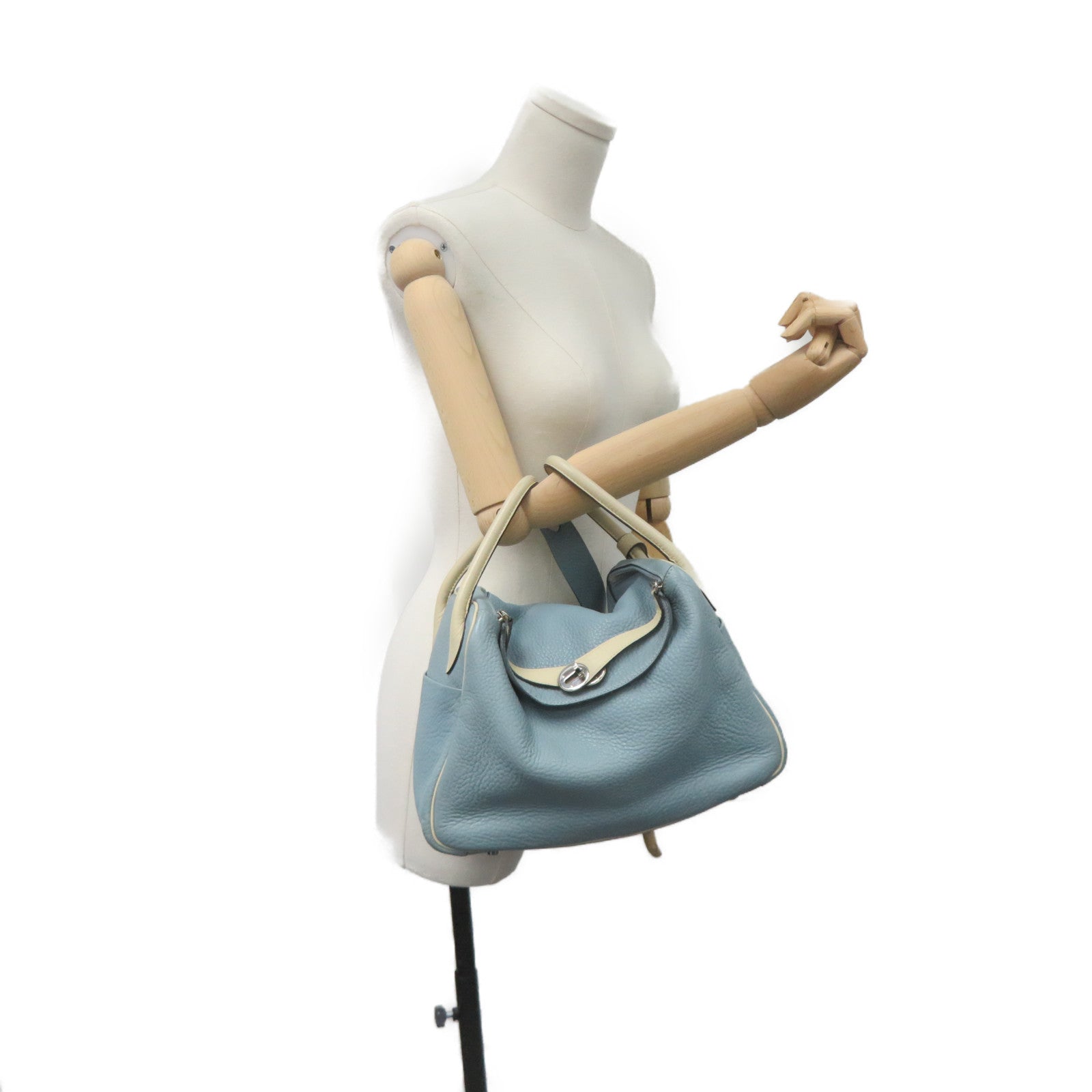HERMES Clemence皮革Lindy 30 Shoulder Bag银扣肩背袋Ciel/Parchemin米白色/蓝色