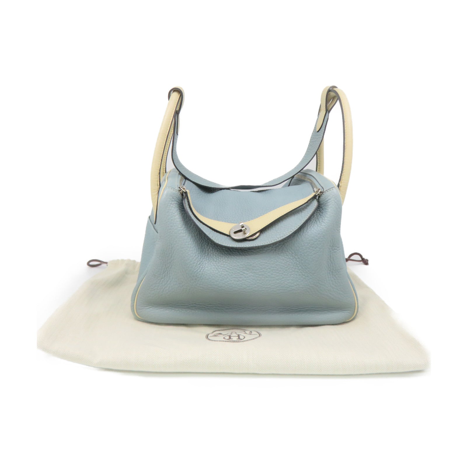 HERMES Clemence皮革Lindy 30 Shoulder Bag银扣肩背袋Ciel/Parchemin米白色/蓝色