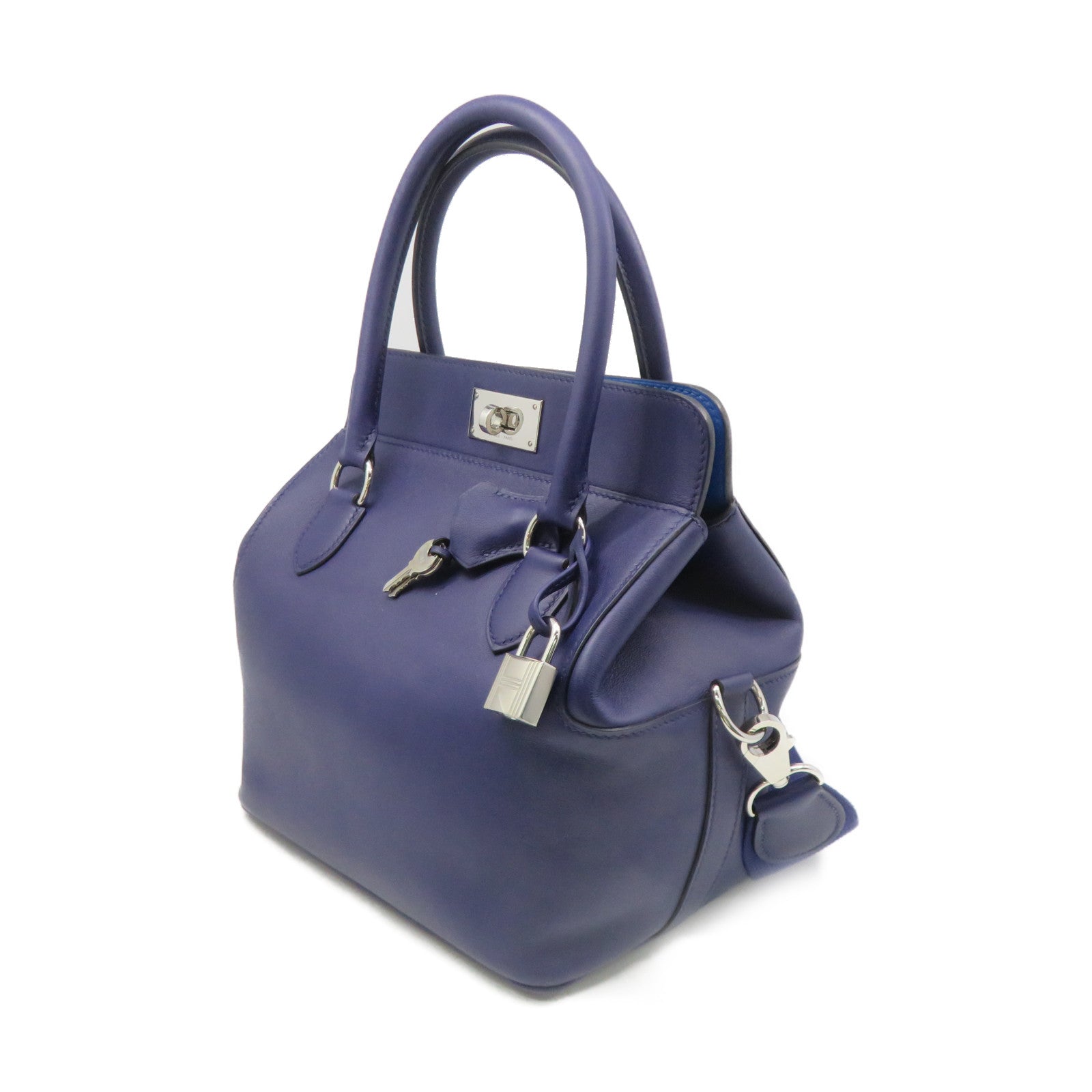 HERMES Swift皮革Toolbox 20 2Way Shoulder Bag银扣手挽肩背两用袋Bleu Zellige蓝紫色