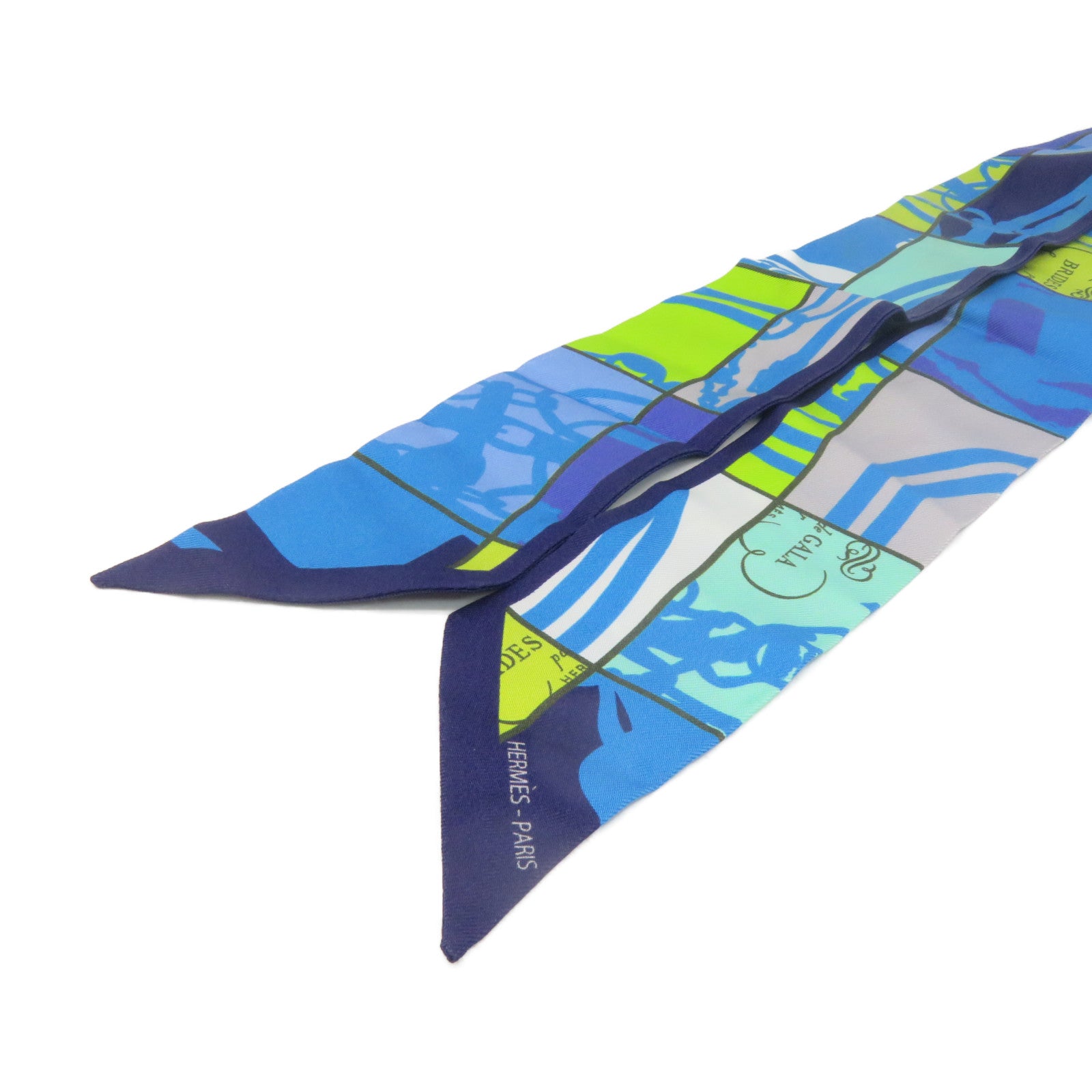HERMES 絲質Twilly Scarf絲巾藍色/綠色/彩色