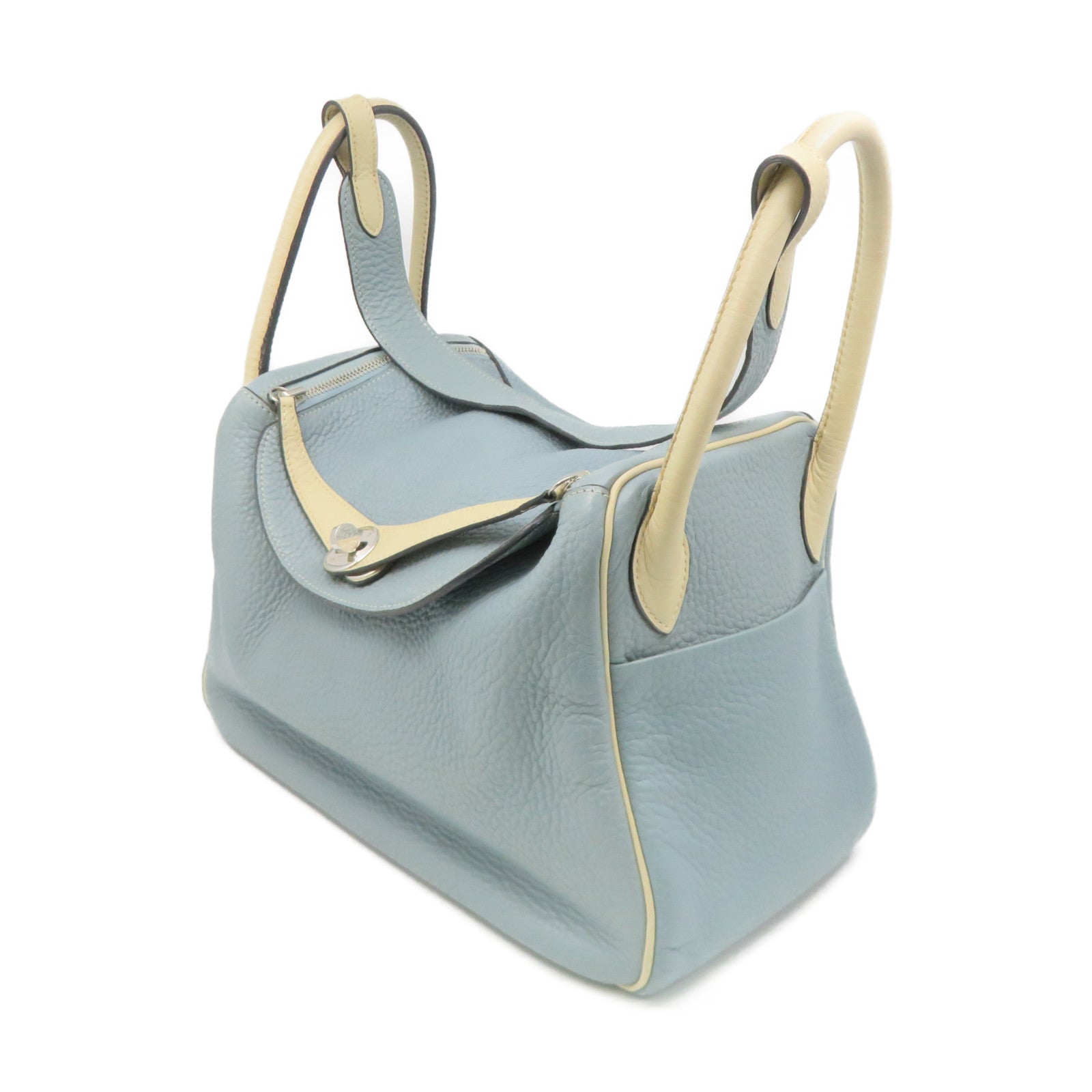 HERMES Clemence皮革Lindy 30 Shoulder Bag银扣肩背袋Ciel/Parchemin米白色/蓝色