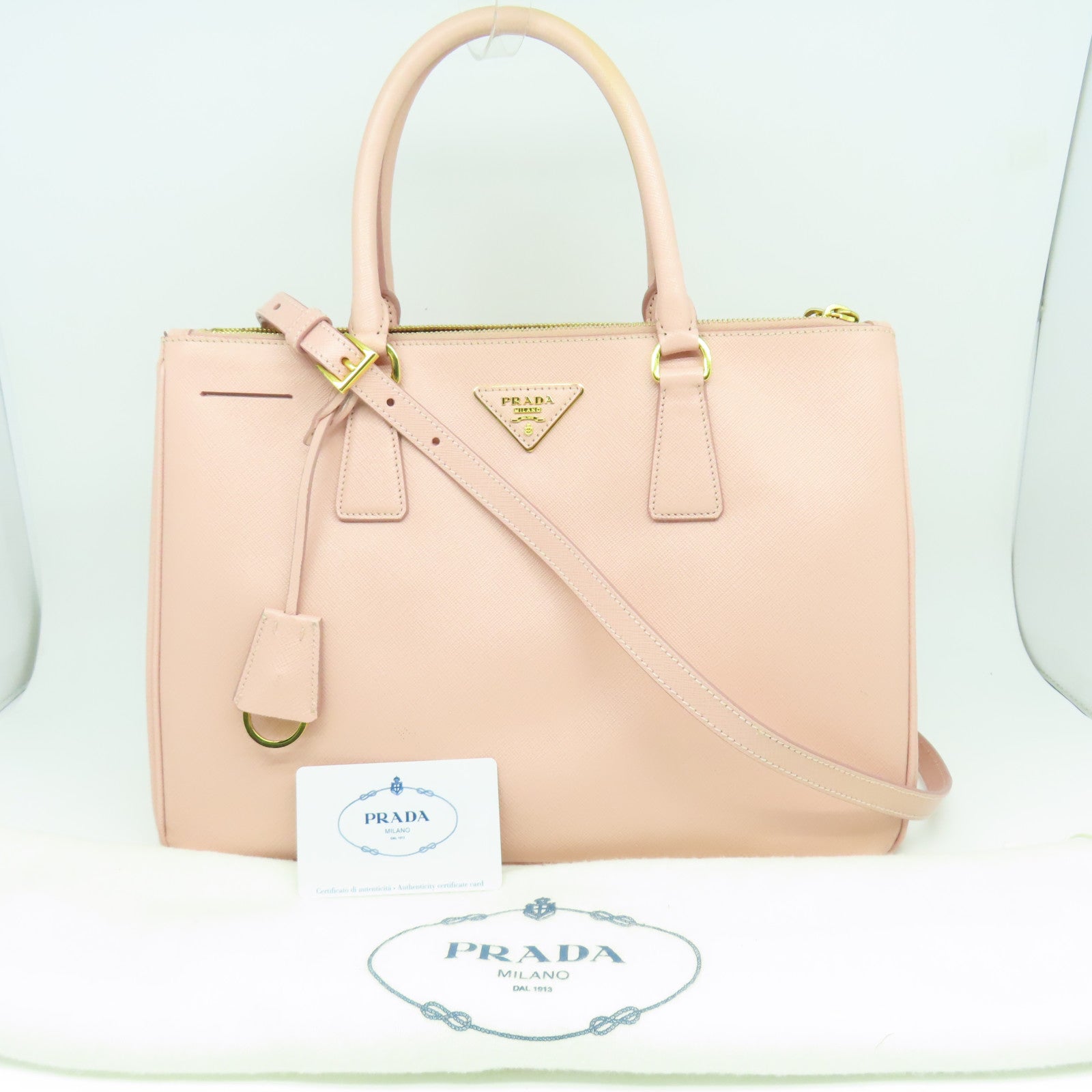 PRADA 牛皮皮革Saffiano Bag金扣手挽肩背兩用袋粉紅色
