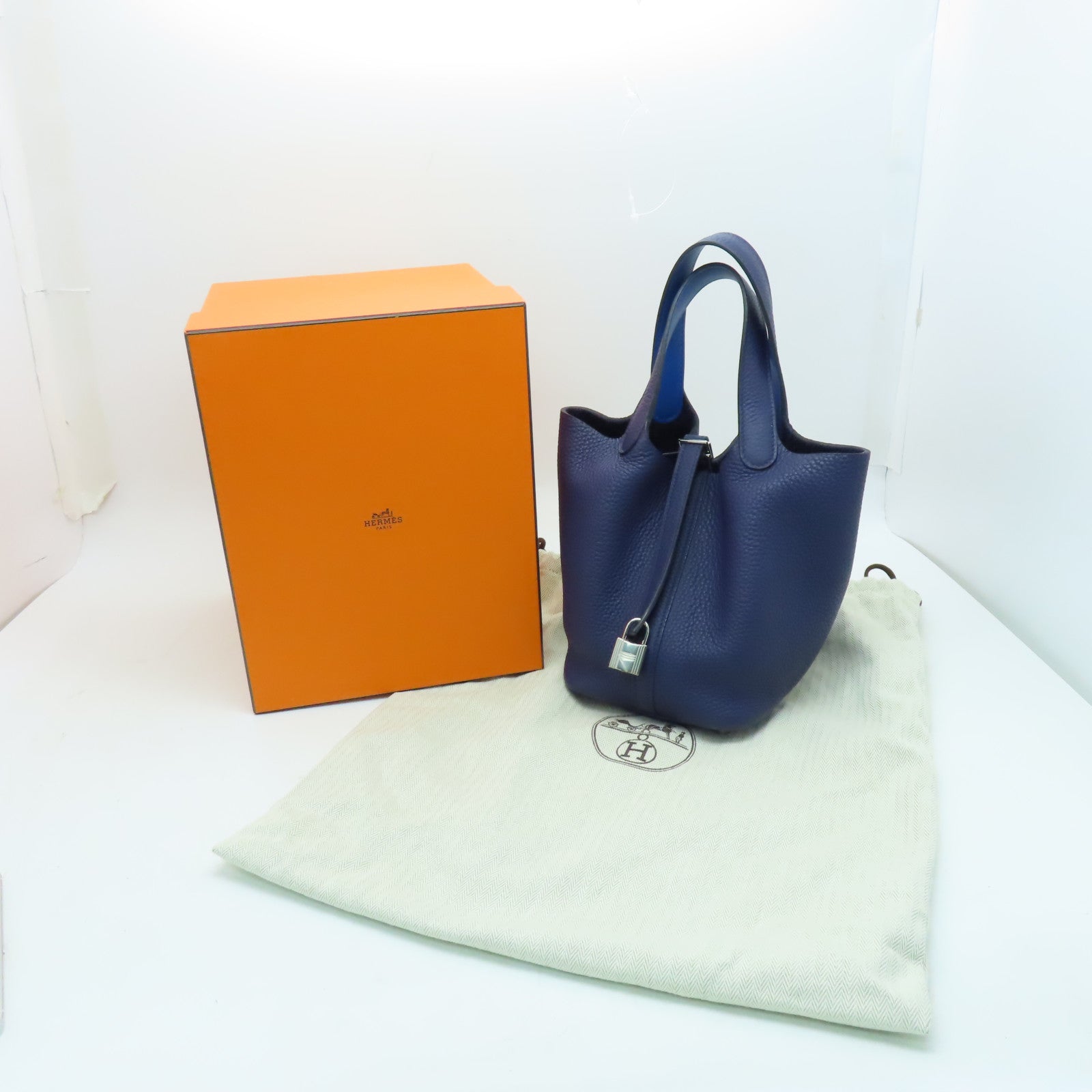 HERMES Taurillon Clemence皮革Picotin PM銀扣手挽袋風暴藍色