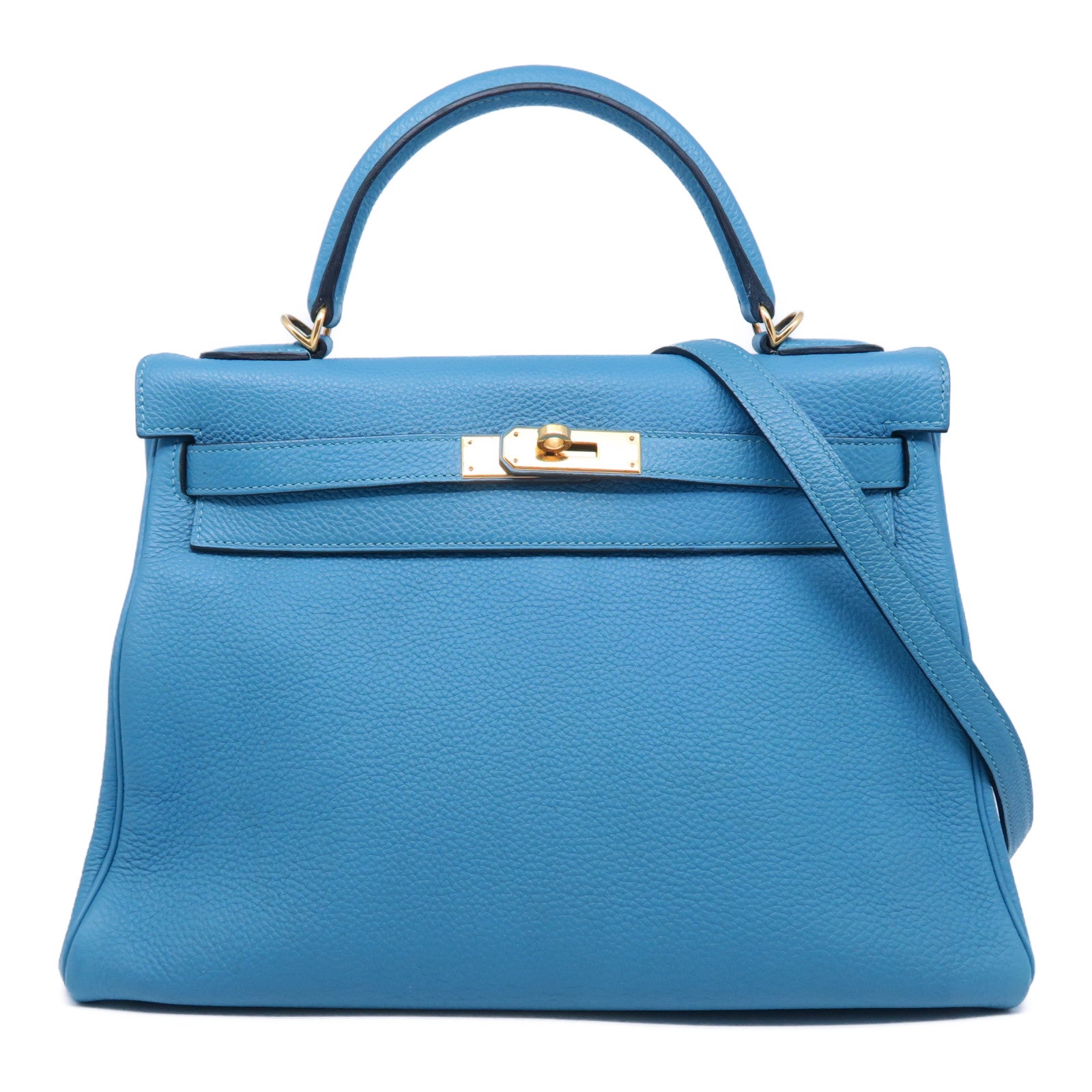 HERMES 【激減優惠】Clemence皮革Kelly 32金扣手挽肩背兩用袋松石藍色