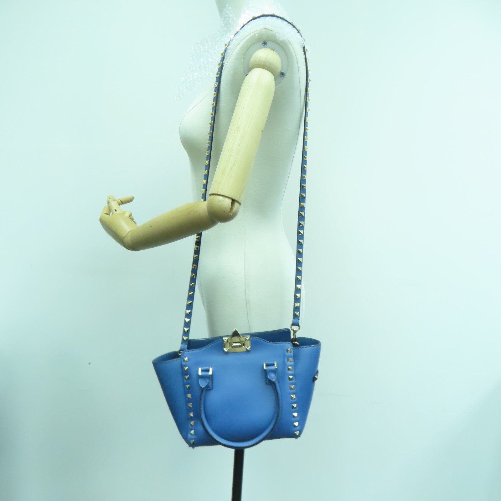 Valentino 牛皮皮革2Way Shoulder金扣手挽肩背两用袋蓝色
