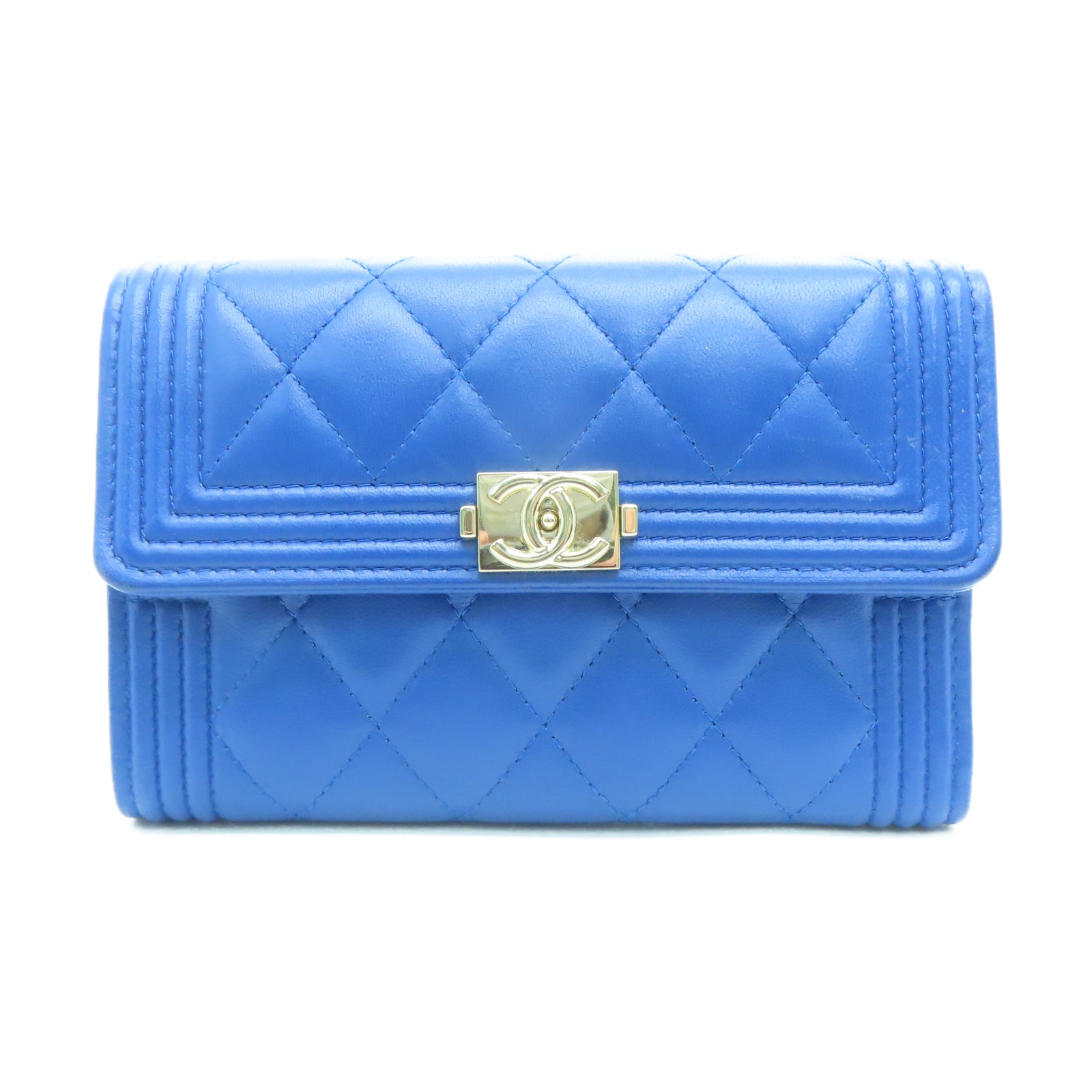 CHANEL 菱格羊皮皮革Wallet金扣长钱包蓝色